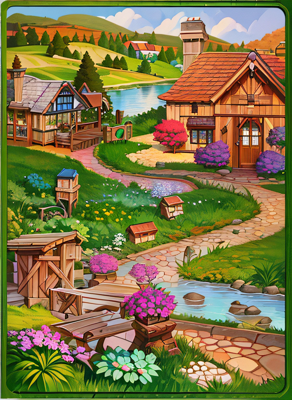 high quality comic of cottage with front path with lake and hills in background by artist john sloane
