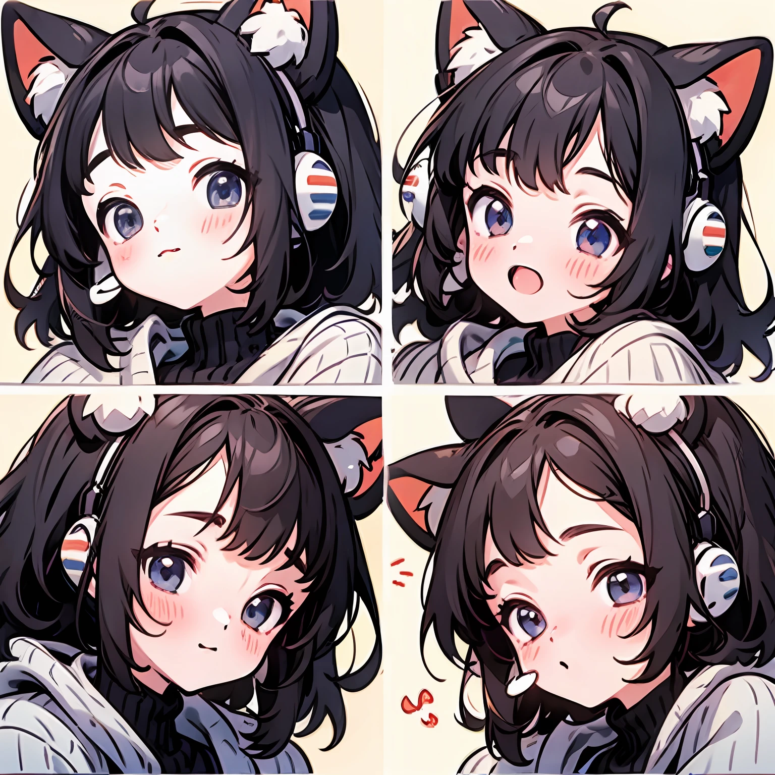 cute  girls，emoji pack，cat ear headset，（4 emojis，emoji sheet，Align arrangement)，4 poses and expressions（excitement，big laughter，doubt，Touch your head ），Anthropomorphic style，anime style，Black strokes，4 different emotions，4 poses and expressions，8K, masterpiece, ultra detailed, anime sticker, sticker pack, white background, thick outline