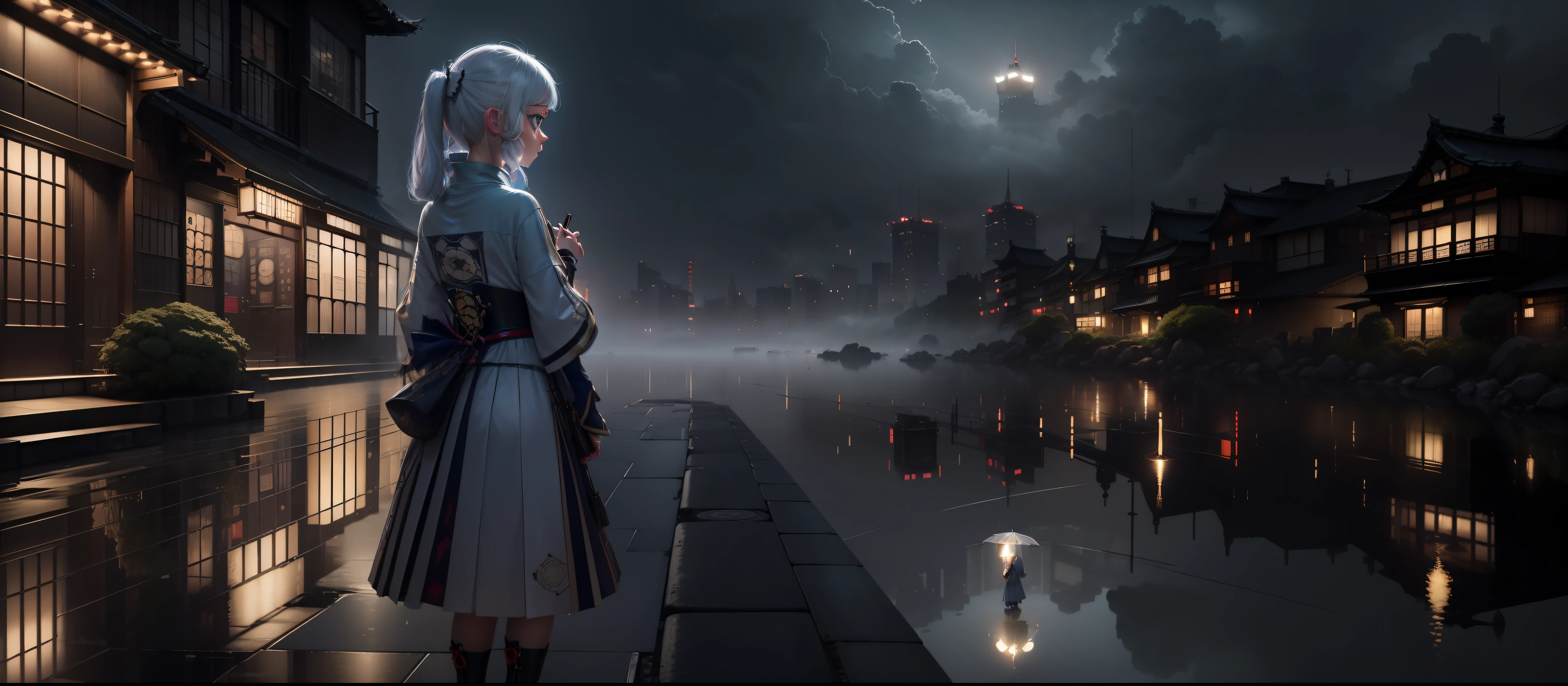 (best quality, masterpiece: 1.3), 1girl, rainy day, fog, umbrella holding, large and transparent umbrella, looking at the viewer, white hair, facing the photo, city inazuma Genshin impact, alone, lamplight, very reflected city, long hair, bars, Japan, perfect hand, delicate, night