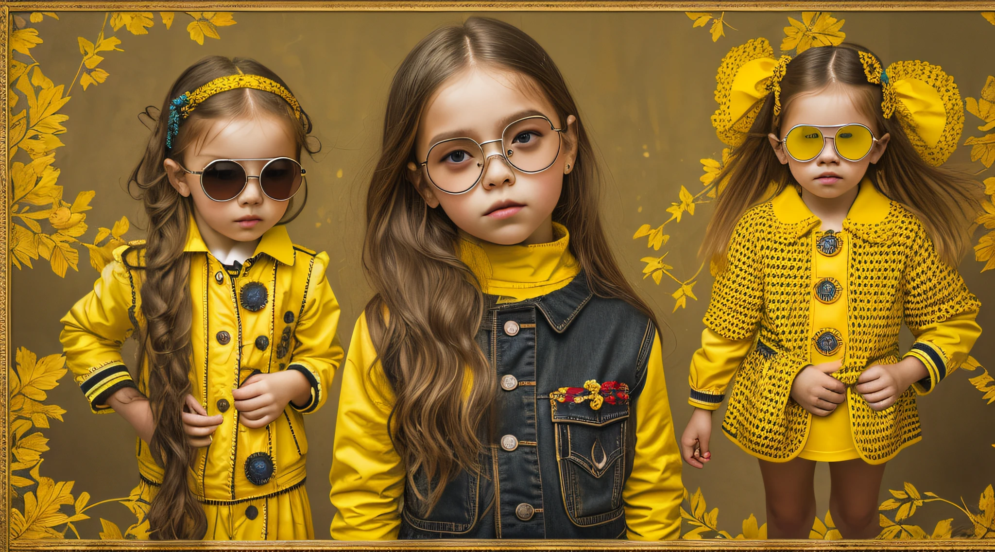 GIRLS Russian with 10 yearscabelos compridos, PORTRAIT, OCULOS ESCUROS, JAQUETA COURO PRETA E ROUPA PRETA, FUNDO AMARELO.