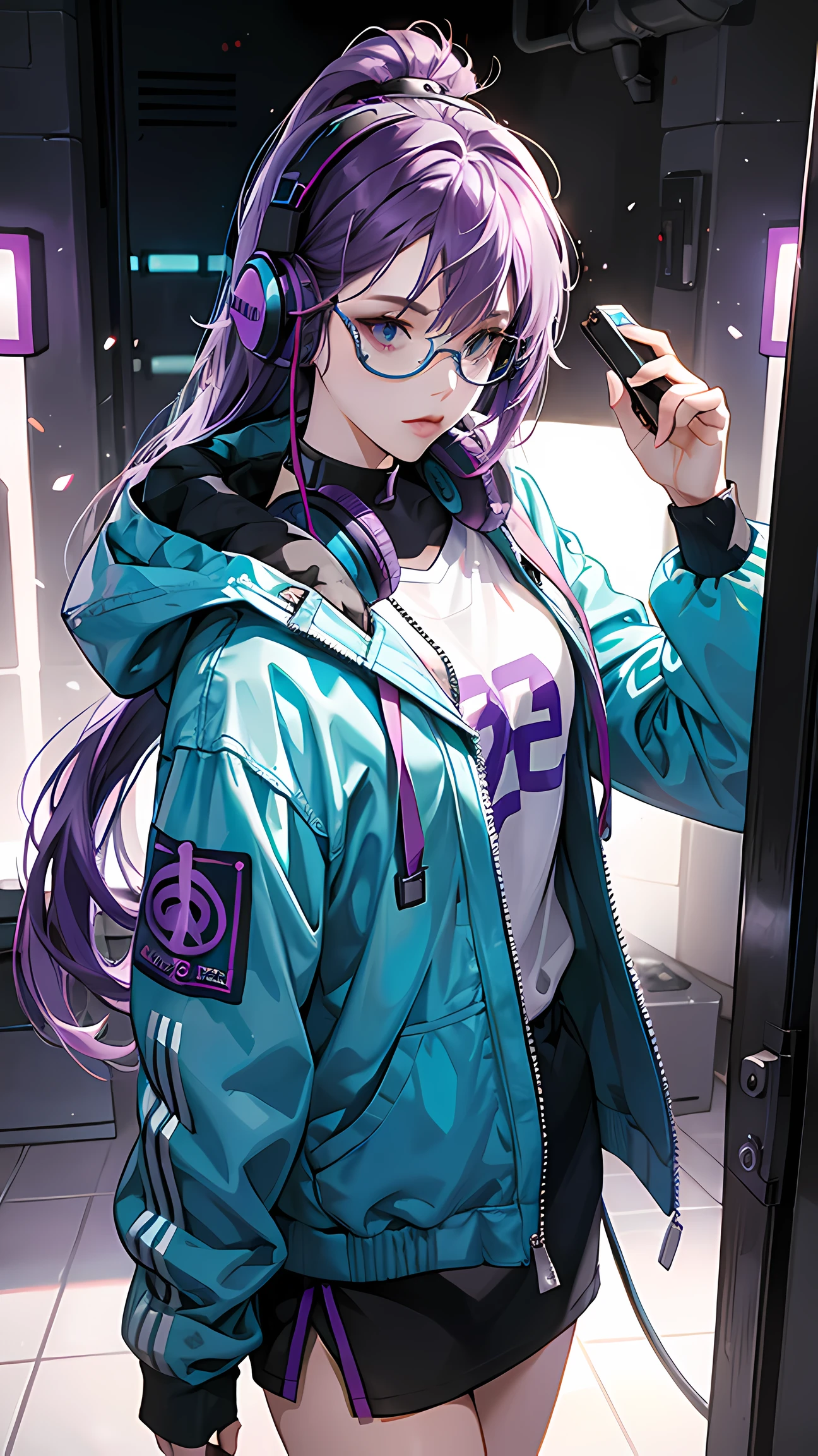 A female character with purple hair and light blue shades, wearing headphones and holding a phone displaying the music she's listening to, set in a cyberpunk world with clothing reflecting that style. --auto