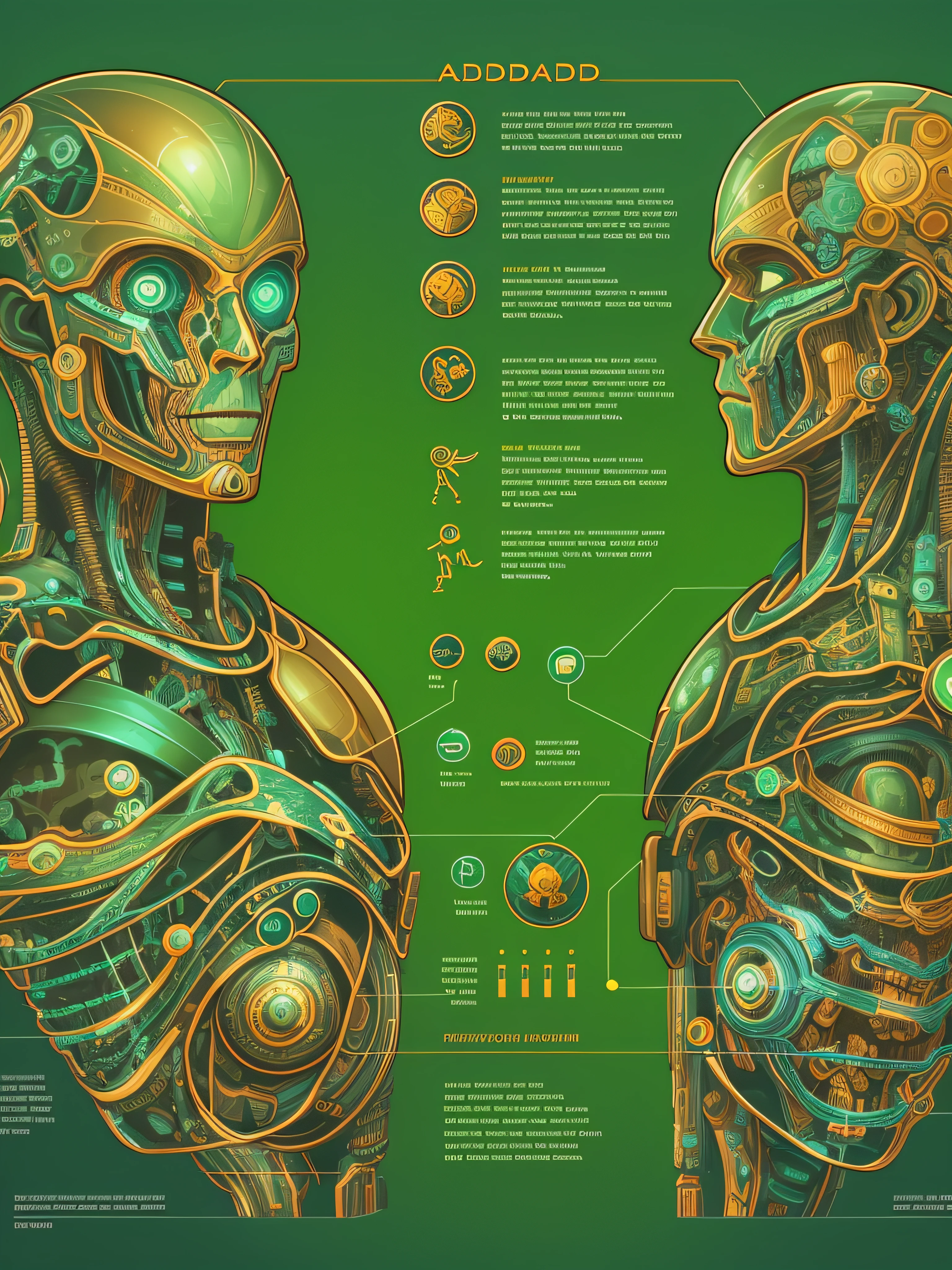 bright and colorful infographic of gorgeous android anatomy, vector, concept art, high detailed