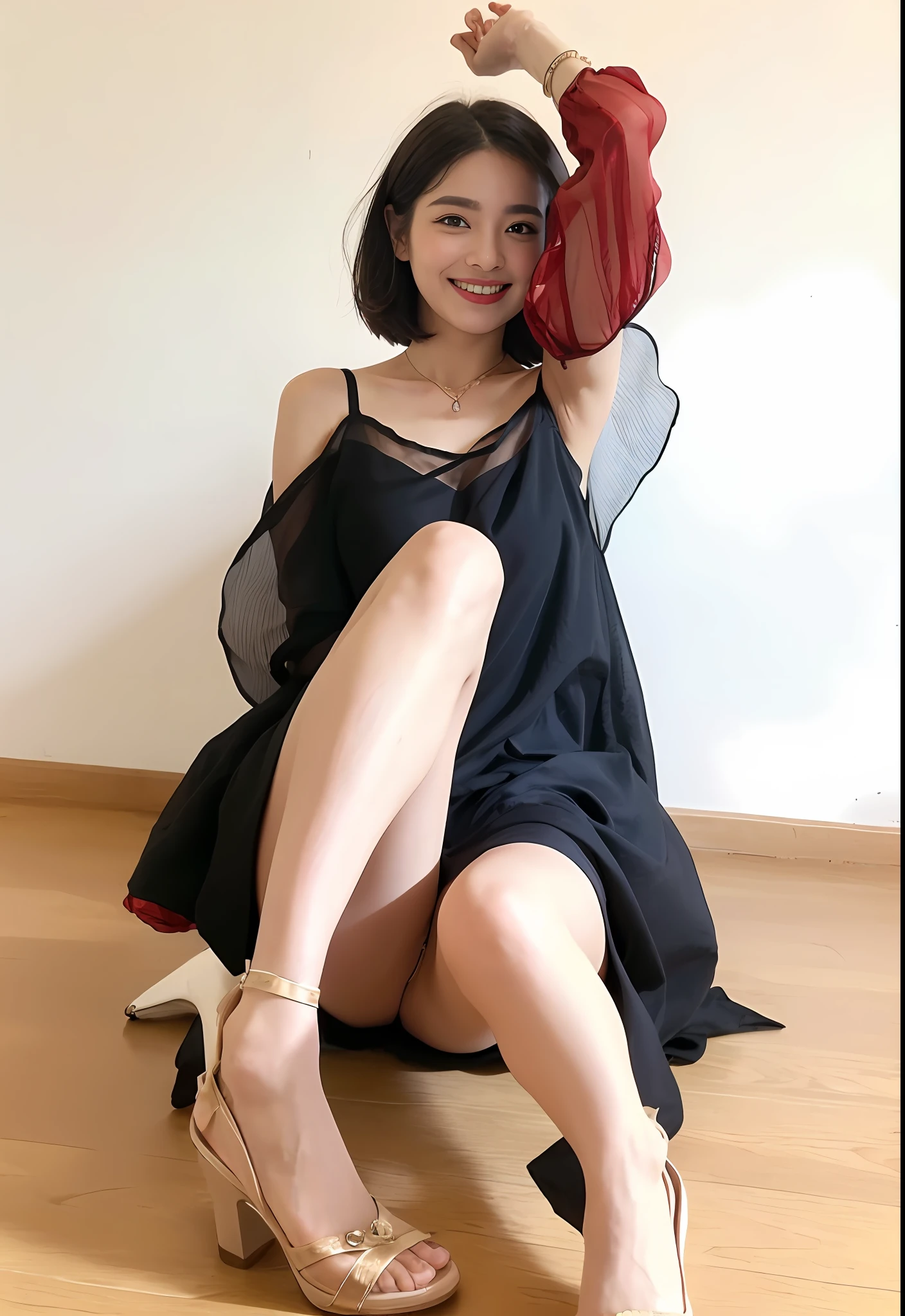 ((Best Quality, 8k, Masterpiece: 1.3)), Focus: 1.2, Perfect Body Beauty: 1.4, Buttocks: 1.2, (Delicate Long Hair)), (Sparkling Dress: 1.1) , (Short hair: 1.5), Highly detailed facial and skin texture, Detailed eyes, Double eyelids, Whitened skin, Smile,(no underwear: 1.6),(no panty: 1.6), laced white panty, wearing necklace, by the beach, wearing yellow floral dress,((no underwear, no panty)),((beautiful,under hair)),high heels