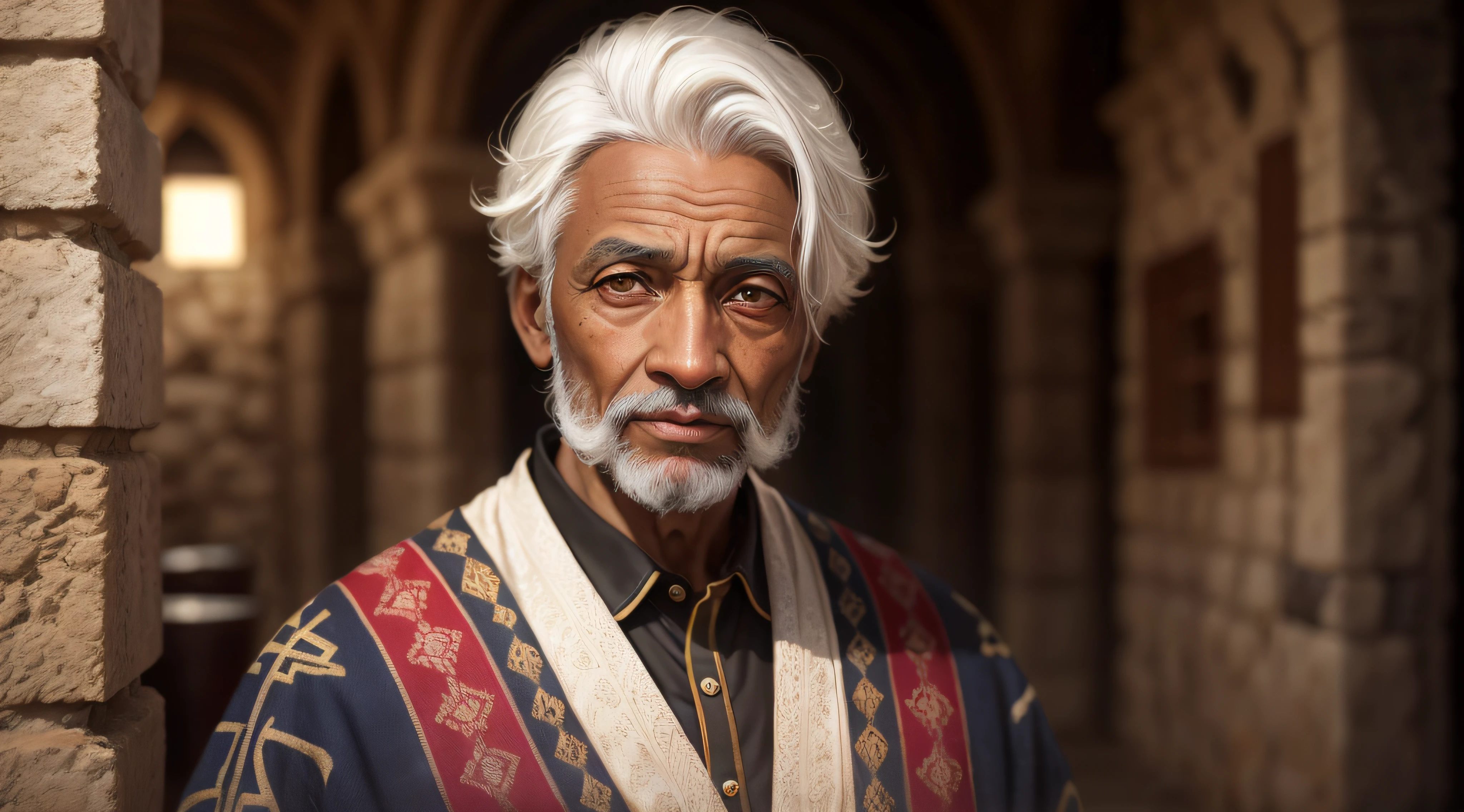 Old prophet with golden eyes, High details, pele enrugada, pele detalhada, olhos detalhados, high detail, short white hair, master-piece, best quality, high quality, Israel, better hands, traditional israel clothes, antique, CG, HDR, retrato