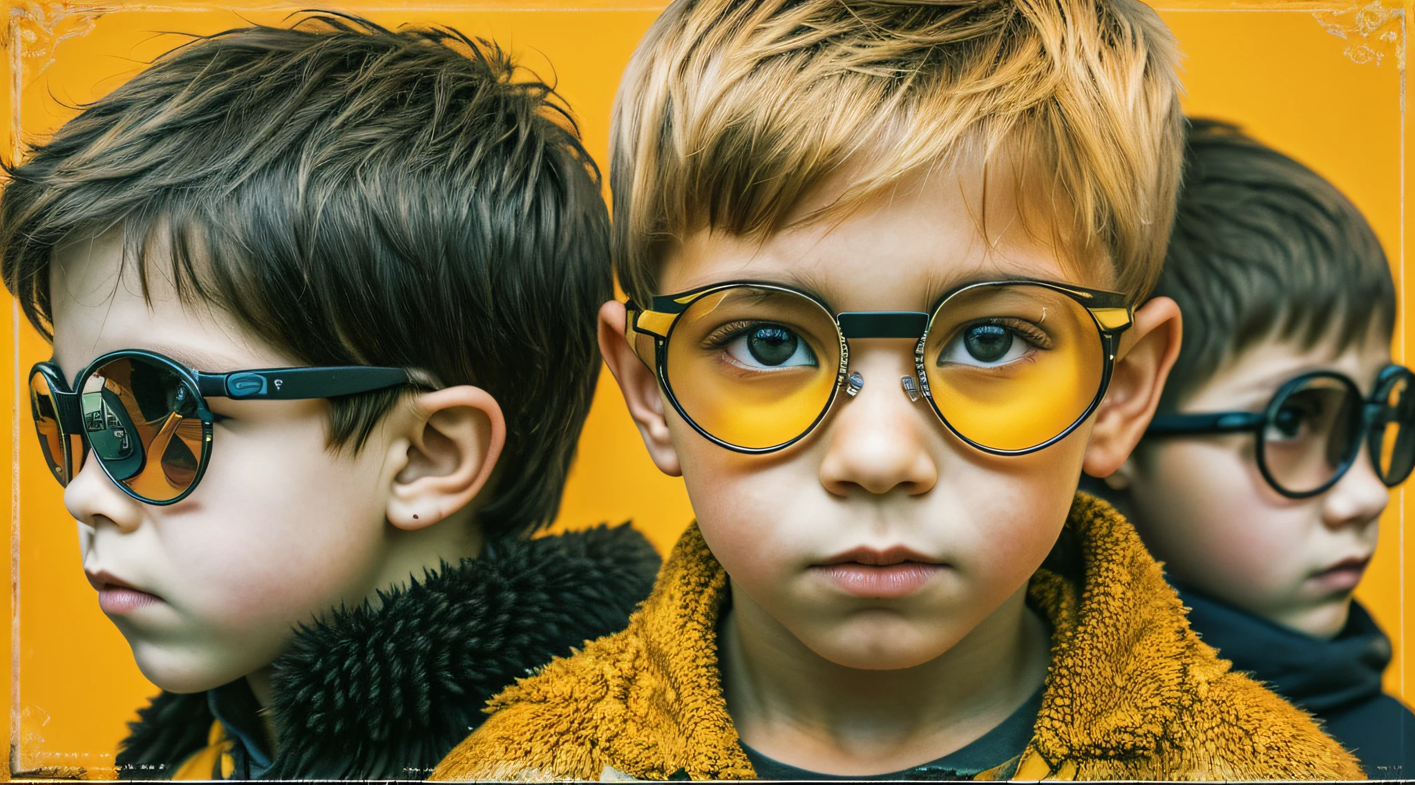 BOYS Russian children with 10 years, loiro cabelos compridos, PORTRAIT, OCULOS ESCUROS JAQUETA PRETA E ROUPA PRETA, FUNDO AMARELO.