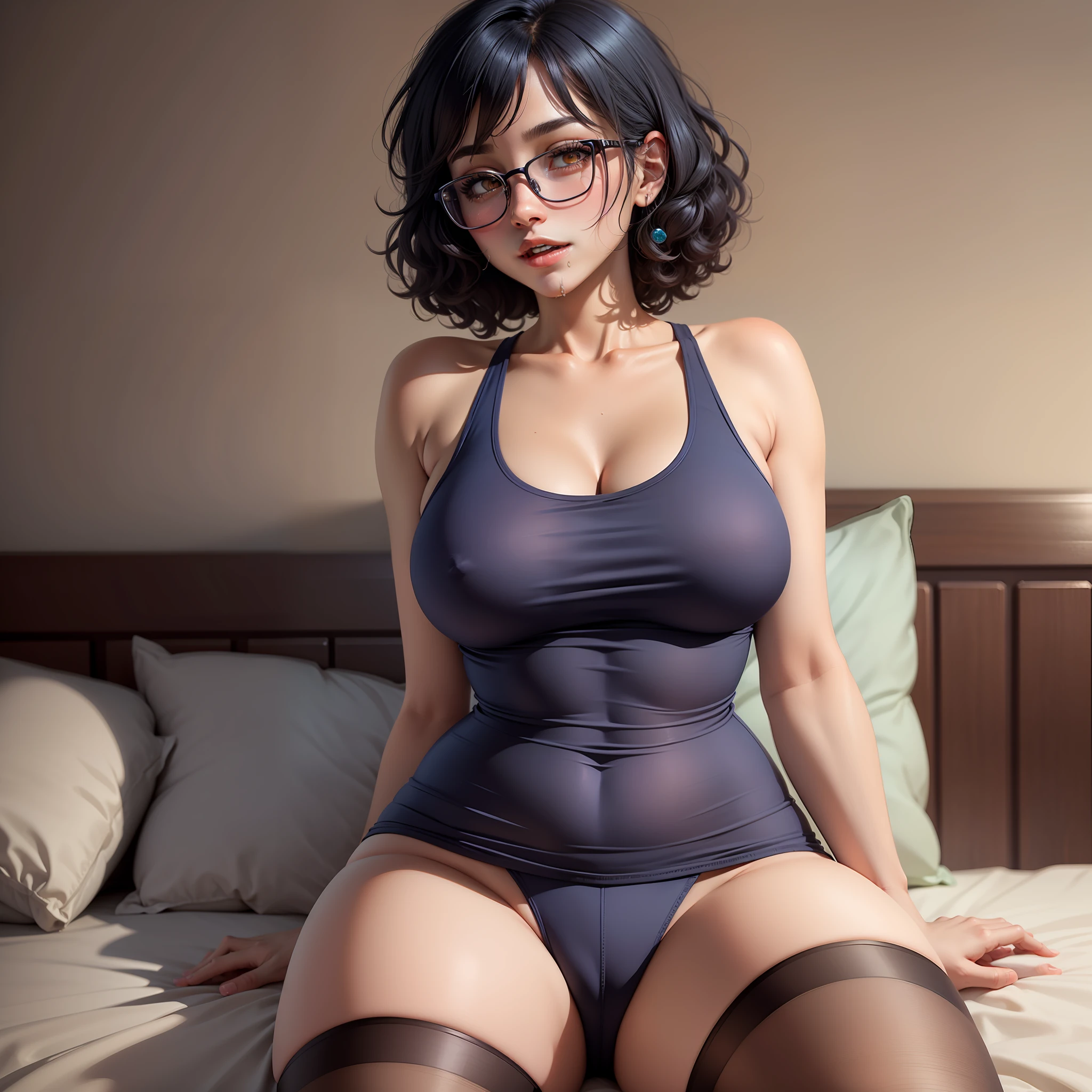 Beautiful female, golden brown eyes, curly blue hair, short hair, detailed body, detailed hands, sitting on bed, doe eyes, begging expression, soft features, thick framed round glasses, twink, blue pajama, navy blue tank top, good quality, open legs, big tshirt, thigh highs, pleading expression, petite female, huge boobs, lustful smile, drooling, older woman, eyes rolled back, ecstasy