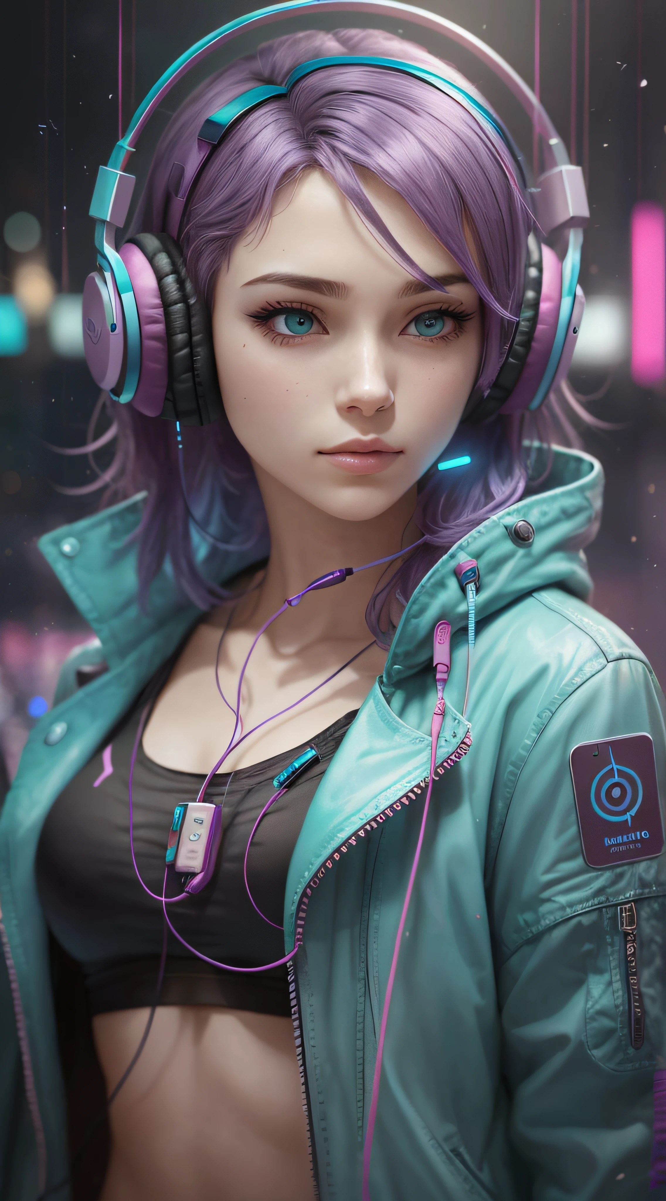 Uma personagem feminina com cabelo roxo e tons de azul claro, wearing headphones and holding a phone displaying the music she's listening to, ambientado em um mundo cyberpunk com roupas que refletem esse estilo.