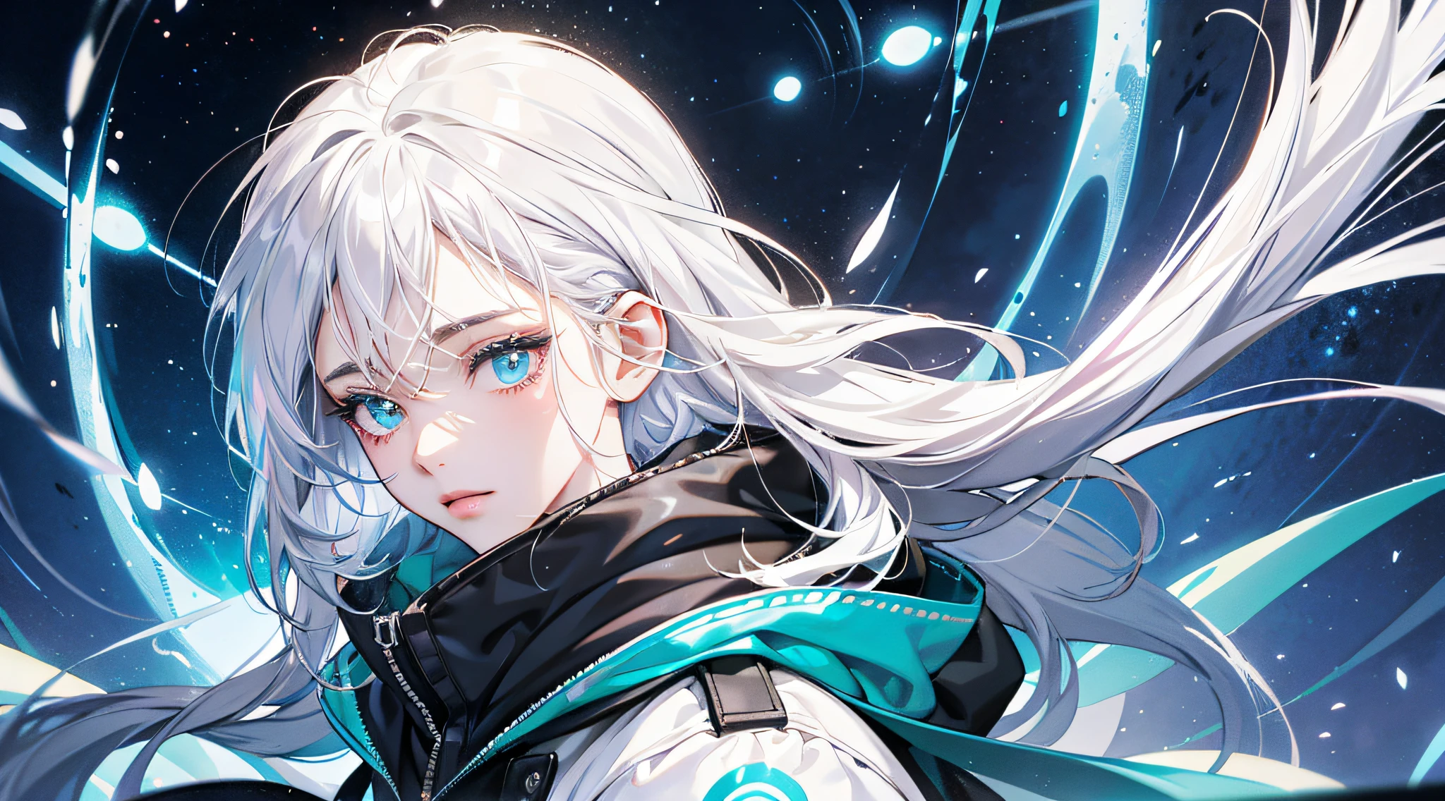 2D face with cartoon taste、white  hair、Expressionless beautiful girl、Diamond-cut silver cap with glitter pattern、Sparkling silver down jacket on the back、Shine like neon colors、Cartoonish drawings of realism 、Make your face look like a cartoon heroine、2D、Wear lots of neon-colored light 、Rainbow balls of light flutter、Amazing background with colorful glow、Like in a fantasy world