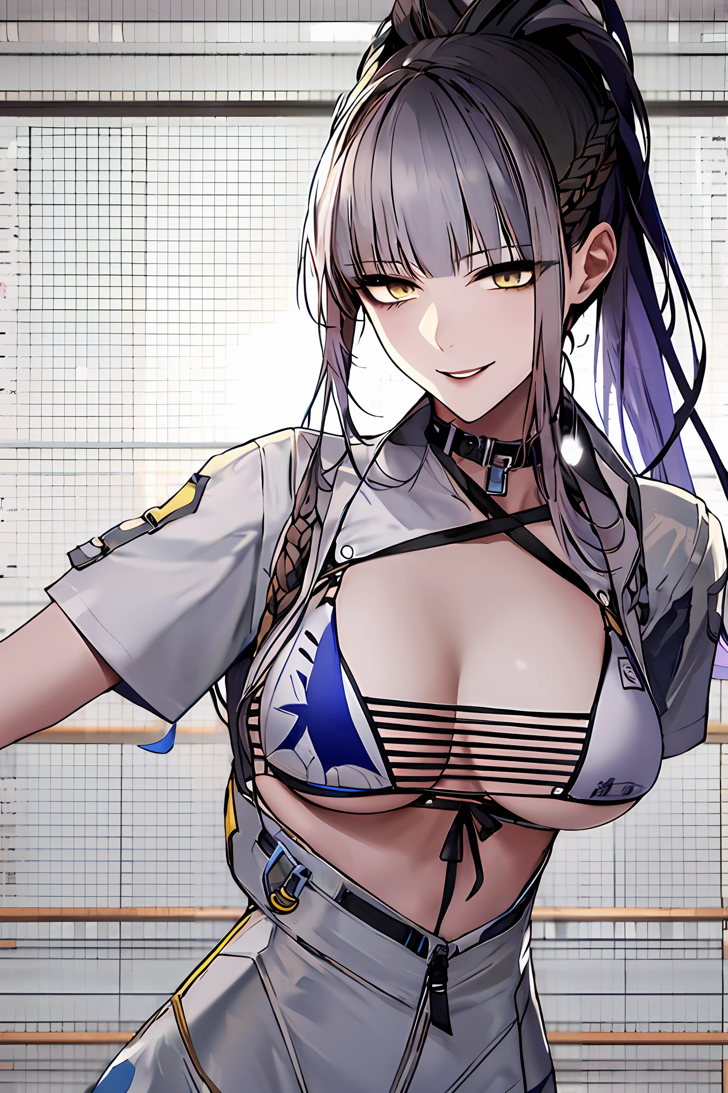mediuml breasts,finely detailed breasts,tit,Braided without clothes,Yellow eyes,whaite hair,double bun hair,nedium breasts,ssmile,