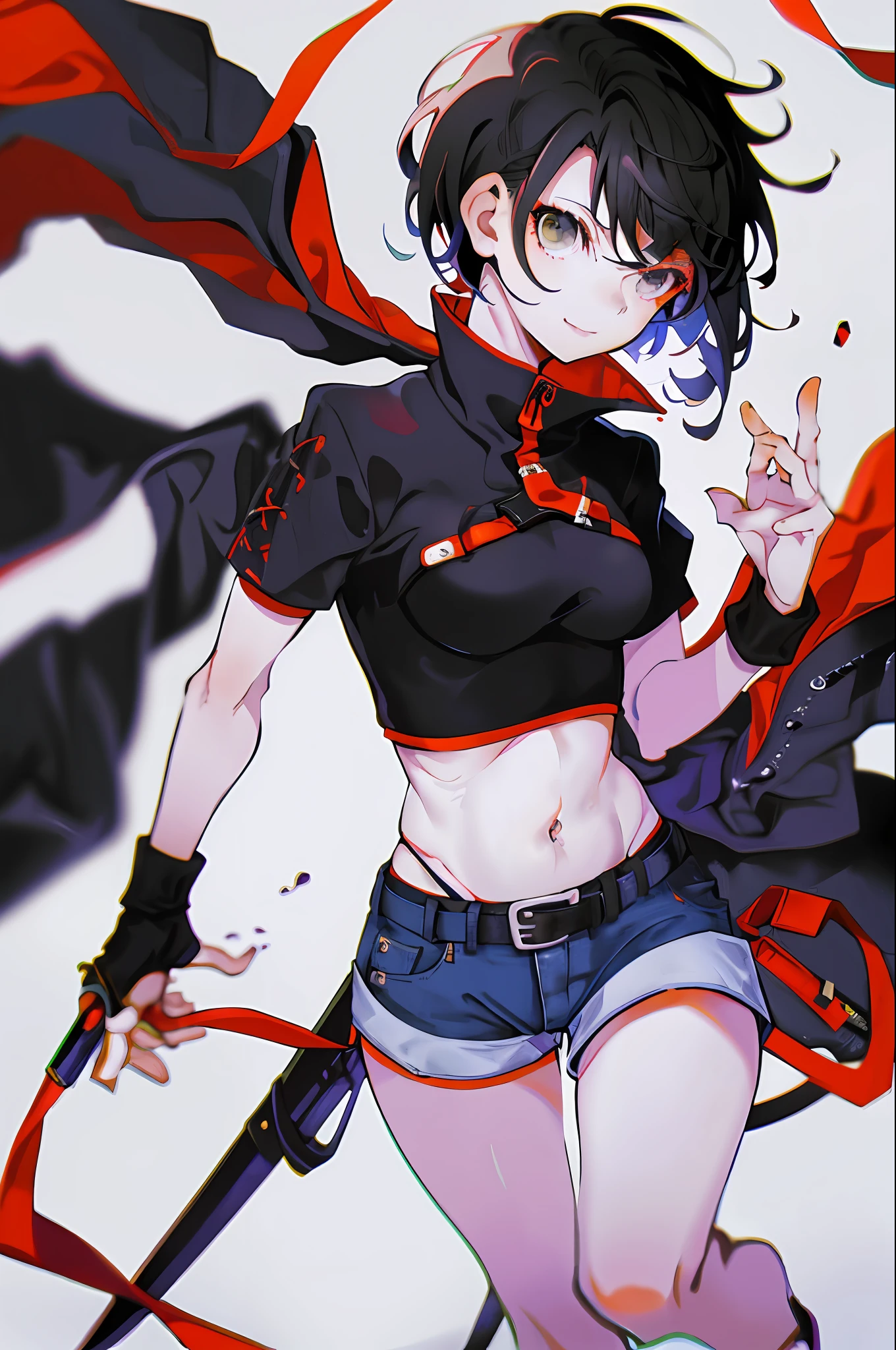 (highest quality, masterpiece) book cover, sharp focus, 4k resolution, surreal textures, solo, 1girl, straight short black hair, warm amber eyes, wicked gaze, gentle smile, short black top showing belly, short jean shorts showing knees, belt with knives, small breasts, petite, rogue.