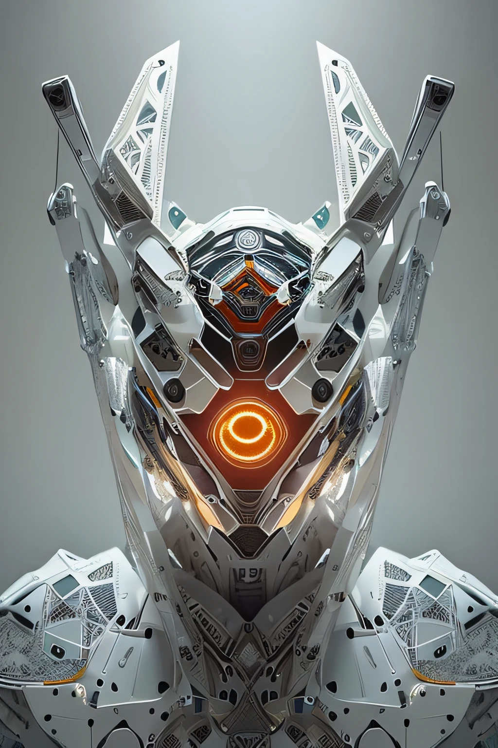 1 robot, organic, orange triangle glowing eyes, cyberhelmet, long hair, white plastic, diffuse lighting, fantasy, intricate, elegant, highly detailed, lifelike, photorealistic,  smooth, sharp focus, art by John Collier and Albert Aublet and Krenz Cushart and Artem Demura, wires, tubes, dark room, dim light