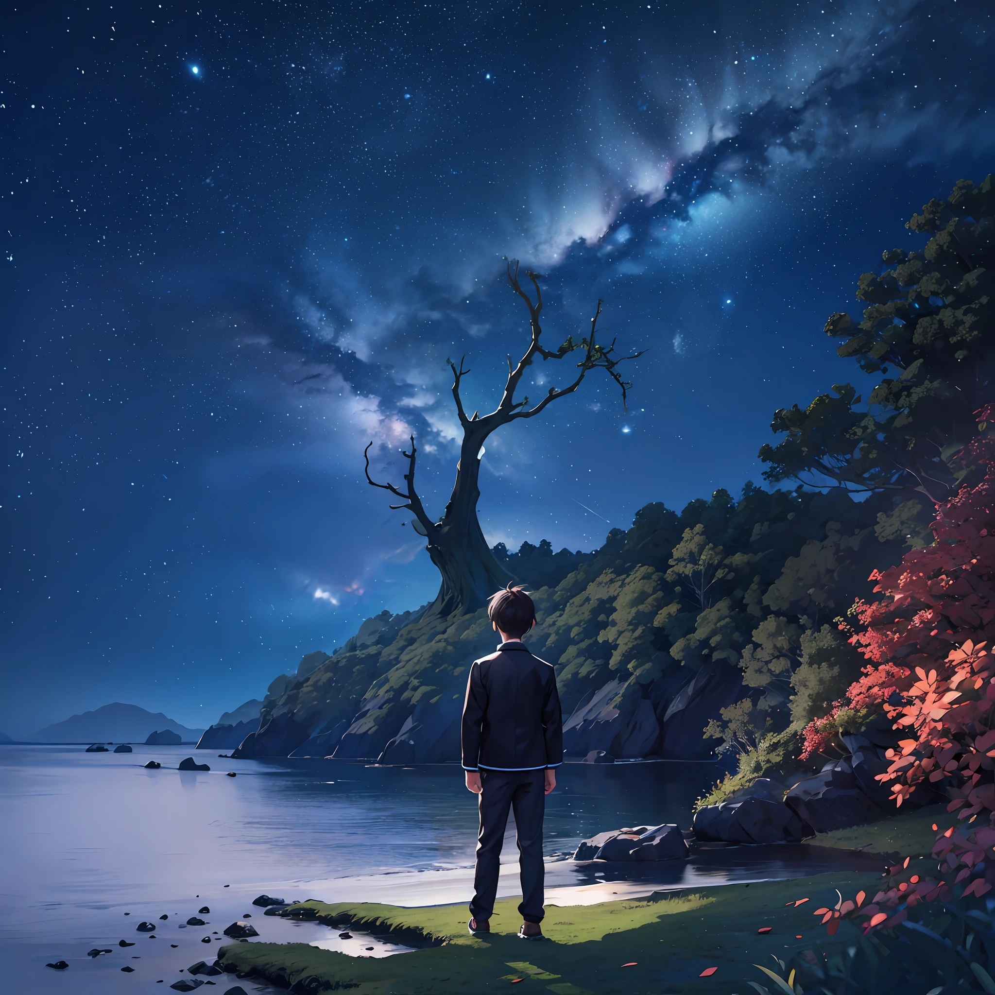 Ultra HD, Ultra Quality, 3D, Starry Sky at Night Boy's Back Looking at the Sea on the Cliff Fallen Leaves of a Big Tree Next to Ten Sheets