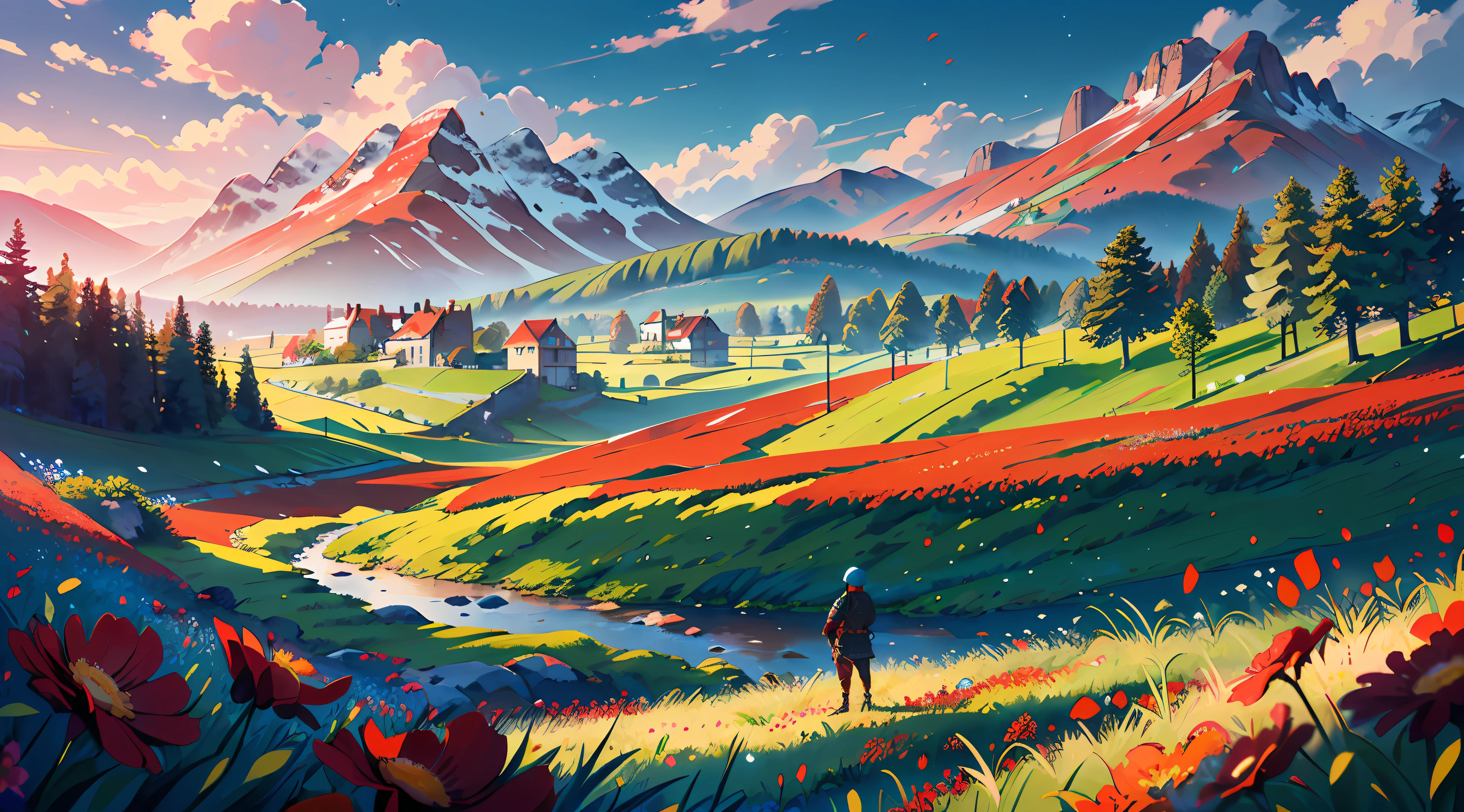 ultra-detailed illustration of a (((medieval soldier in a field of red flowers:1.15)))), observing, (red flowers), extremely detailed, mountains in the distance, (a small village in the distance:1.2), pine trees,