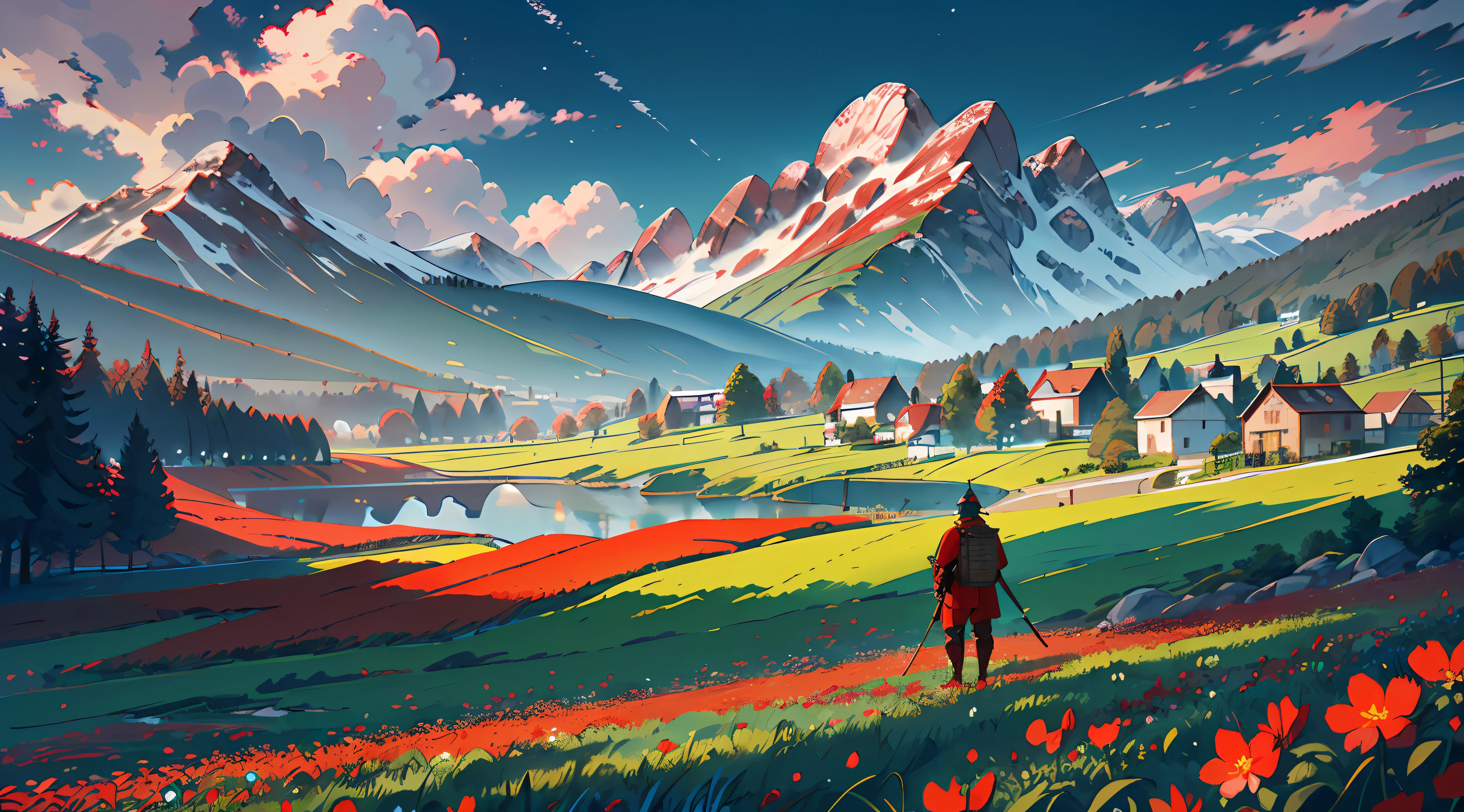 ultra-detailed illustration of a (((medieval soldier in a field of red flowers:1.15)))), observing, (red flowers), extremely detailed, mountains in the distance, (a small village in the distance:1.2), pine trees,