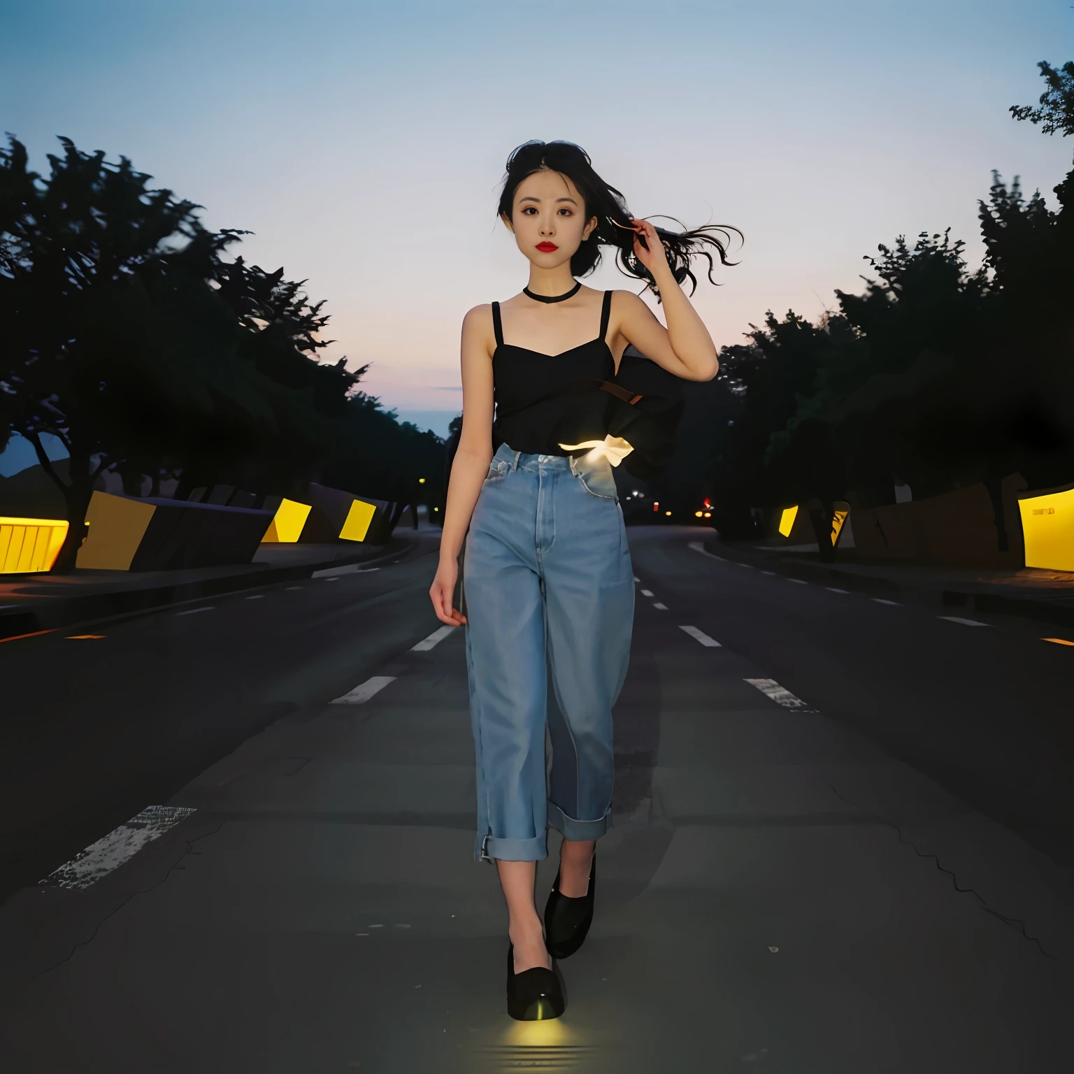 90s flash photo, empty road, Beautiful girl, full body,