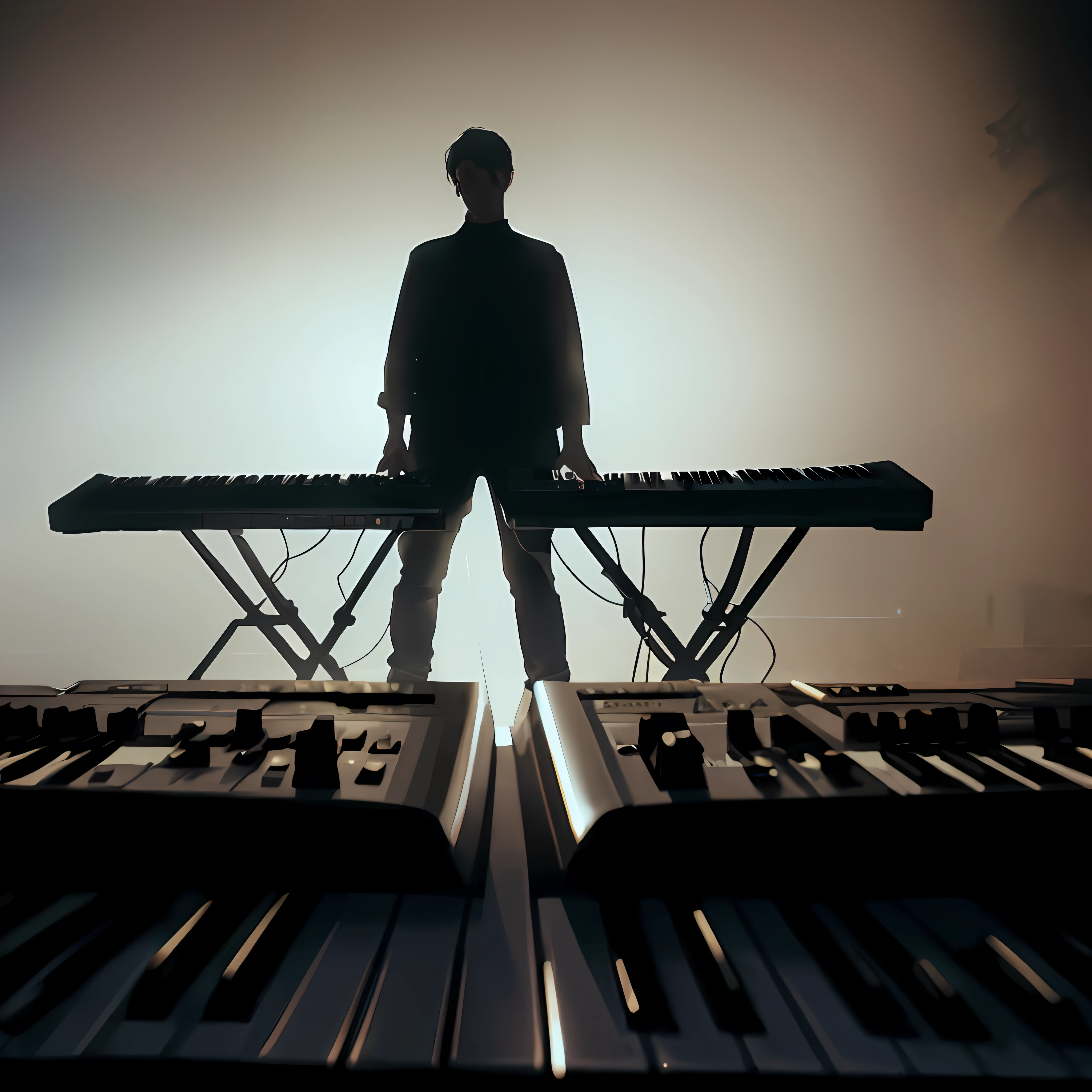 there is a man standing in front of a keyboard on a stage, keyboardist, synthesizers, synth, standing on top of a piano, electronic music, synth vibe, synth feel, promo art, using synthesizer, pianist, musician, masterful composition!!!, synthwave image, photo from a promo shoot, by Giorgio Cavallon, music being played