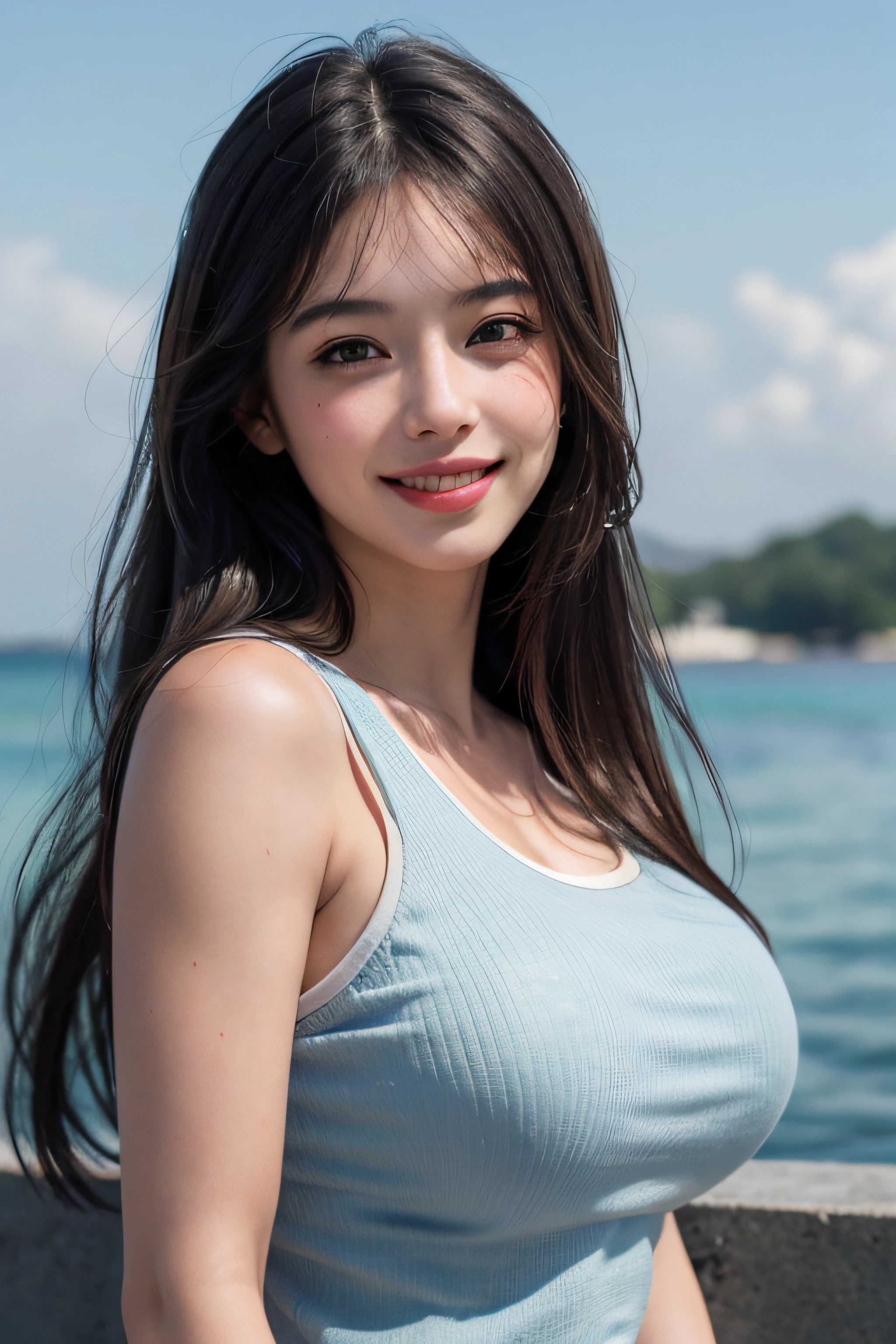 (8k, best quality, masterpiece:1.2), (realistic, photo-realistic:1.37), ultra-detailed, 1 girl,cute, solo,beautiful detailed sky,dating,(nose blush),(smile:1.15),(closed mouth) big breasts,beautiful detailed eyes, (long hair:1.2),floating hair NovaFrogStyle, fullr body, tank top