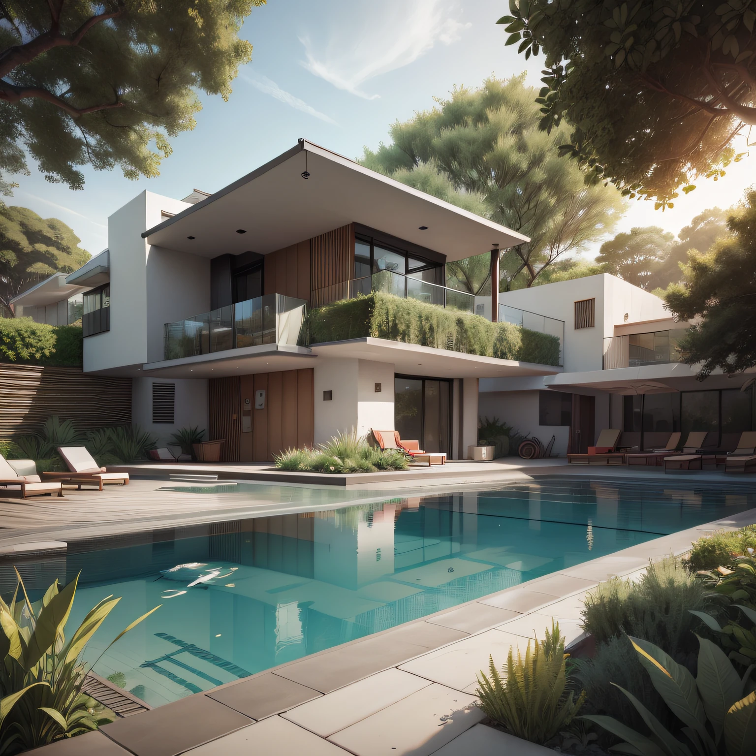 Organic modern architecture on a fairly large plot, There is a swimming pool in the middle of a large one-story house, cor da casa em vigas marrom chocolate e preto, large modern residence, telhados planos e jardim, render luxcore, render oktane, a photorealistic rendering, architectural render, mantra rendering, architectural render, realism rendering, architectural visualisation, piscina de bem-estar, architectural visualisation, grandes zonas verdes, com pequenas zonas de flores de lavanda, arbustos verdes tipo exuberante jardim verde, swimming pool embedded in an area of sand, oliveiras e pinheiros ao redor da casa,