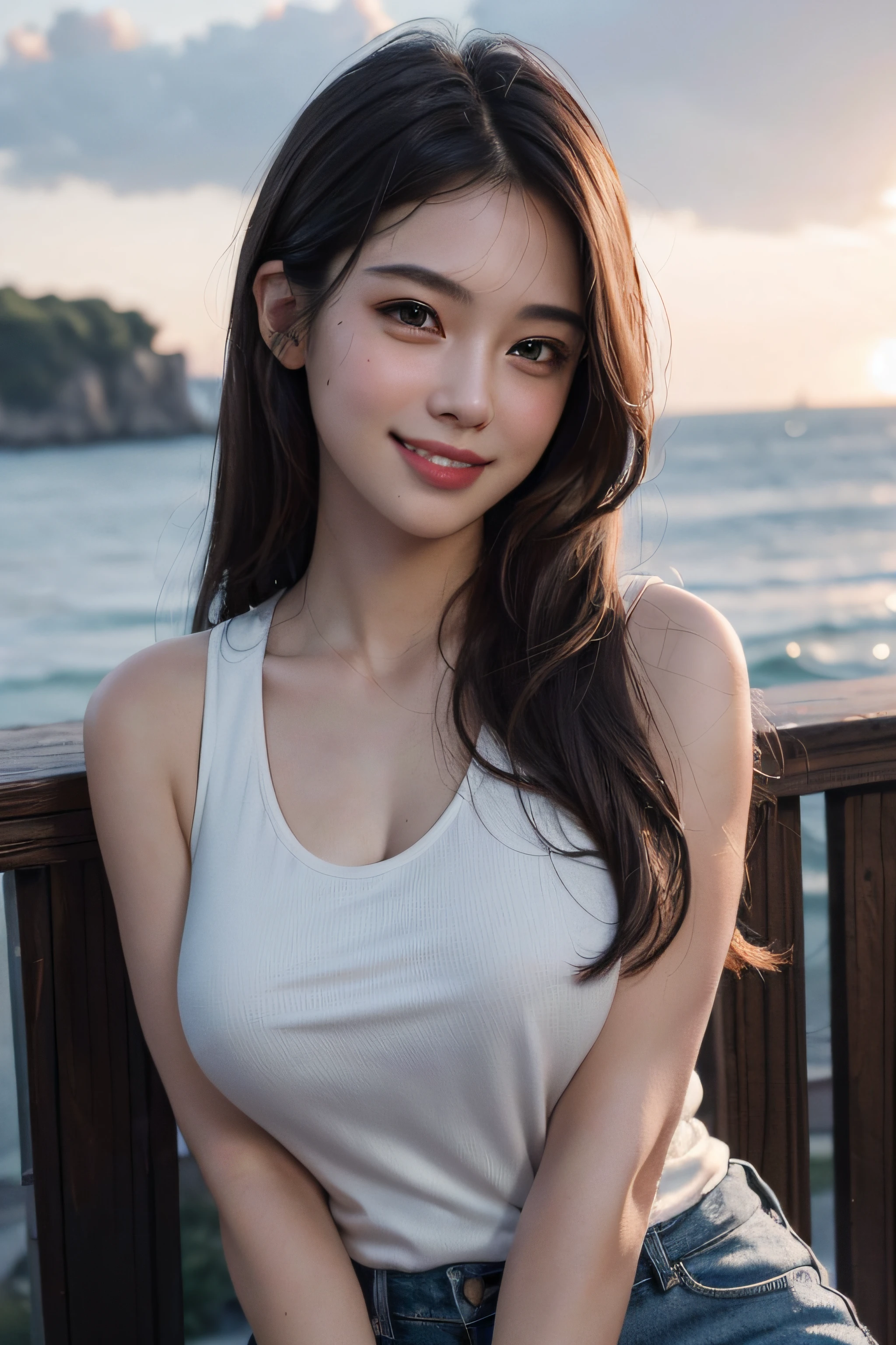 (8k, best quality, masterpiece:1.2), (realistic, photo-realistic:1.37), ultra-detailed, 1 girl,cute, solo,beautiful detailed sky,dating,(nose blush),(smile:1.15),(closed mouth) big breasts,beautiful detailed eyes, (long hair:1.2),floating hair NovaFrogStyle, fullr body, tank top