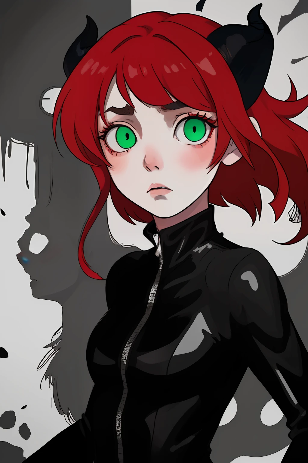 absurdres, highres, ultra detailed, (ultra-detailed background, detailed background), extremly detailed, 1girl, melancholy photo of a red haired demon young female with green eyes and black horns, lace catsuit, desaturated colour, inclement emotions, shot with a Ilford HP5, F/1. 8 :: screen print