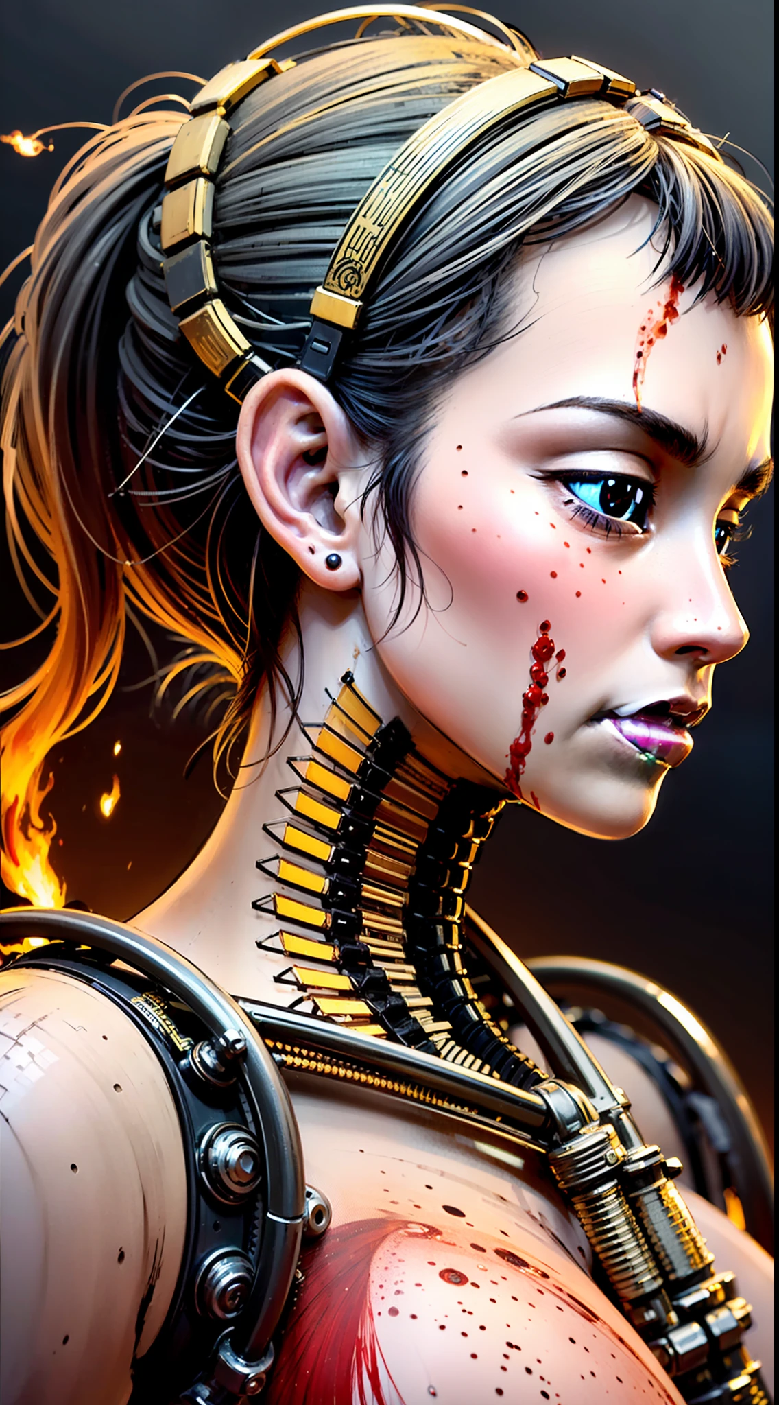 (((masterpiece))), (((best quality))), ((ultra-detailed)), (highly detailed CG illustration), ((extremely delicate and beautiful)),(side),cinematic light,((1 mechanical girl)),solo,half body,(machine-made joints:1.2),((mechanical limbs)),(blood vessels connected to tubes),(mechanical vertebra attaching to the back),((mechanical cervical attachment to the neck)), expressionless,(wires and cables attached to the neck:1.2),(wires and cables on the head:1.2)(character focus), science fiction, city background, extremely detailed, colorful, more detailed, (face shadow (extra detailed, better performance)), laser eyes (detailed red))fire in hand holes)