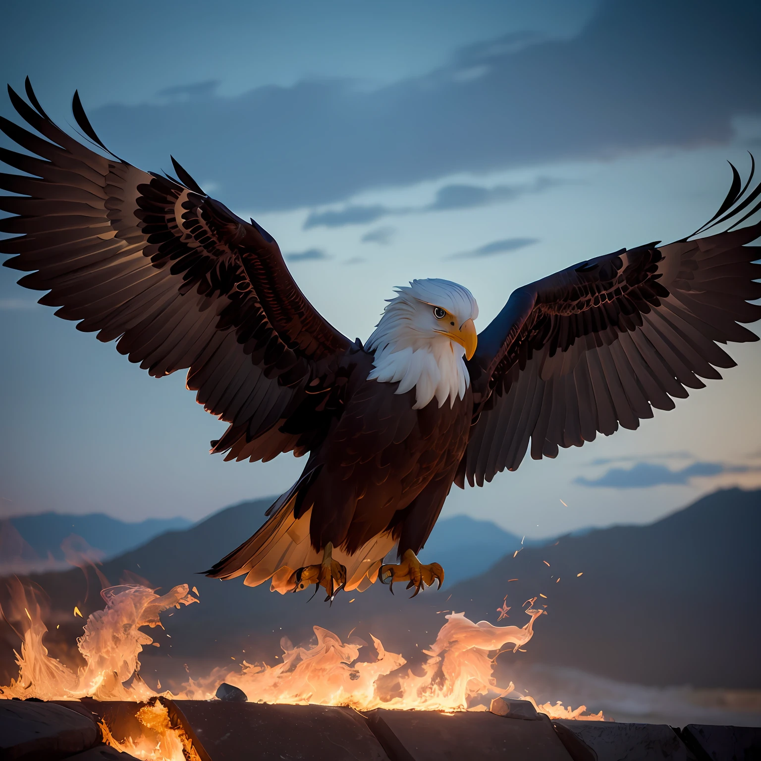 a rflying eagle on fire,(redfire:1.3), good hand,4k, high-res, masterpiece, best quality, head:1.3,((Hasselblad photography)), sharp focus, (cinematic lighting), collarbone, night, soft lighting, dynamic angle, [:(detailed face:1.2):0.2], outside, city,monochrome background, --auto
