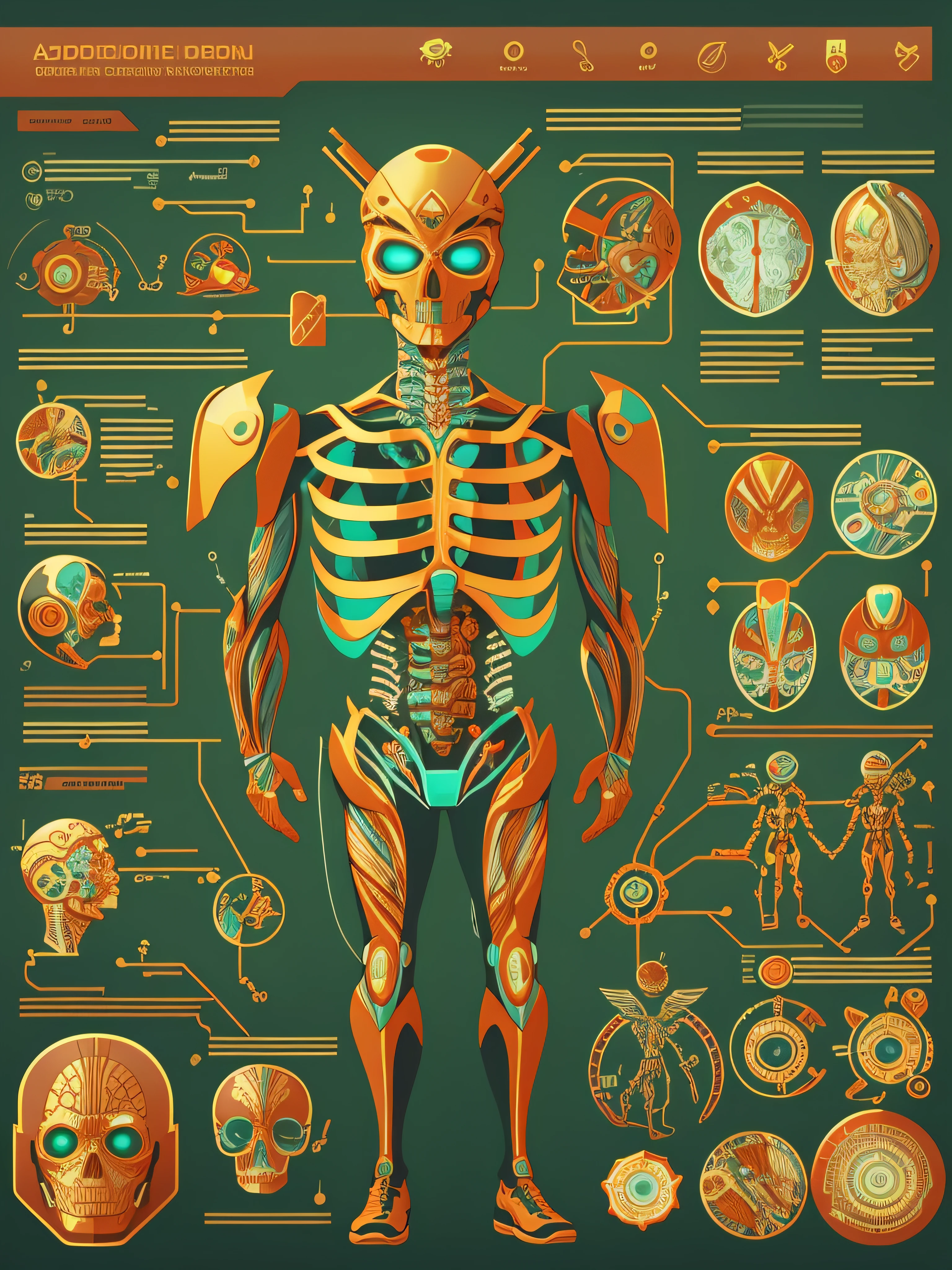 bright and colorful infographic of gorgeous android anatomy, vector, concept art, high detailed