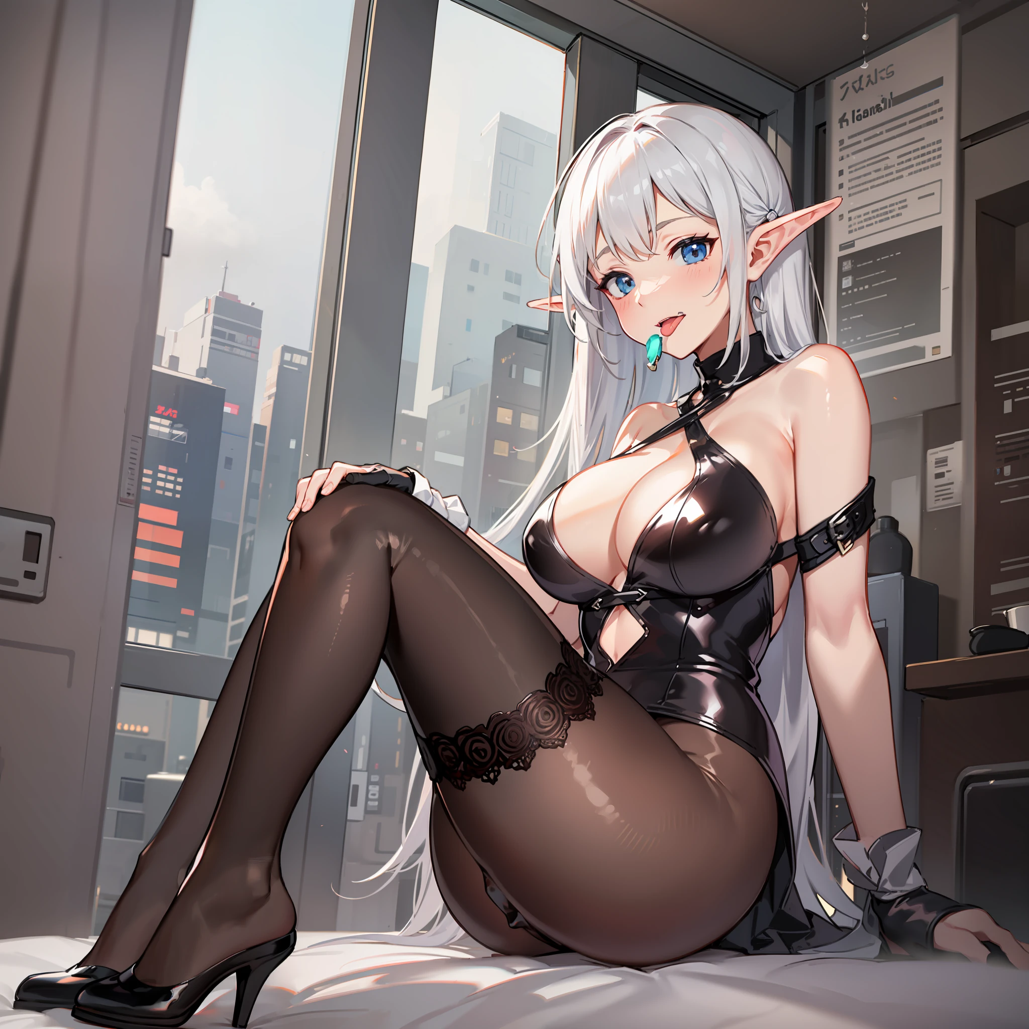 huge tit，white  shirt，short  skirt，tiese，exposing her chest，，The whole body is tied with ropes，The chest is tied，Pee，hyper HD，Highest high resolution，Lie on the bed with your feet up。，White hair，Stick out her tongue，Wear black stockings，the elf，裸体女 ，Lace，high-heels，lovemaking