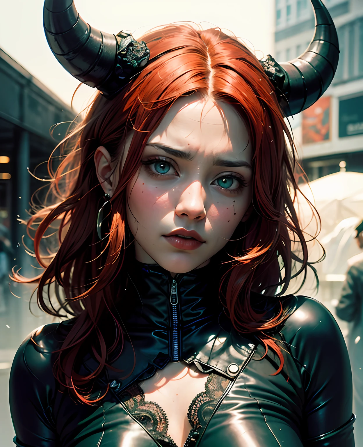 absurdres, highres, ultra detailed, (ultra-detailed background, detailed background), extremly detailed, 1girl, melancholy photo of a red haired demon young female with green eyes and black horns, lace catsuit, desaturated colour, inclement emotions, shot with a Ilford HP5, F/1. 8 :: screen print