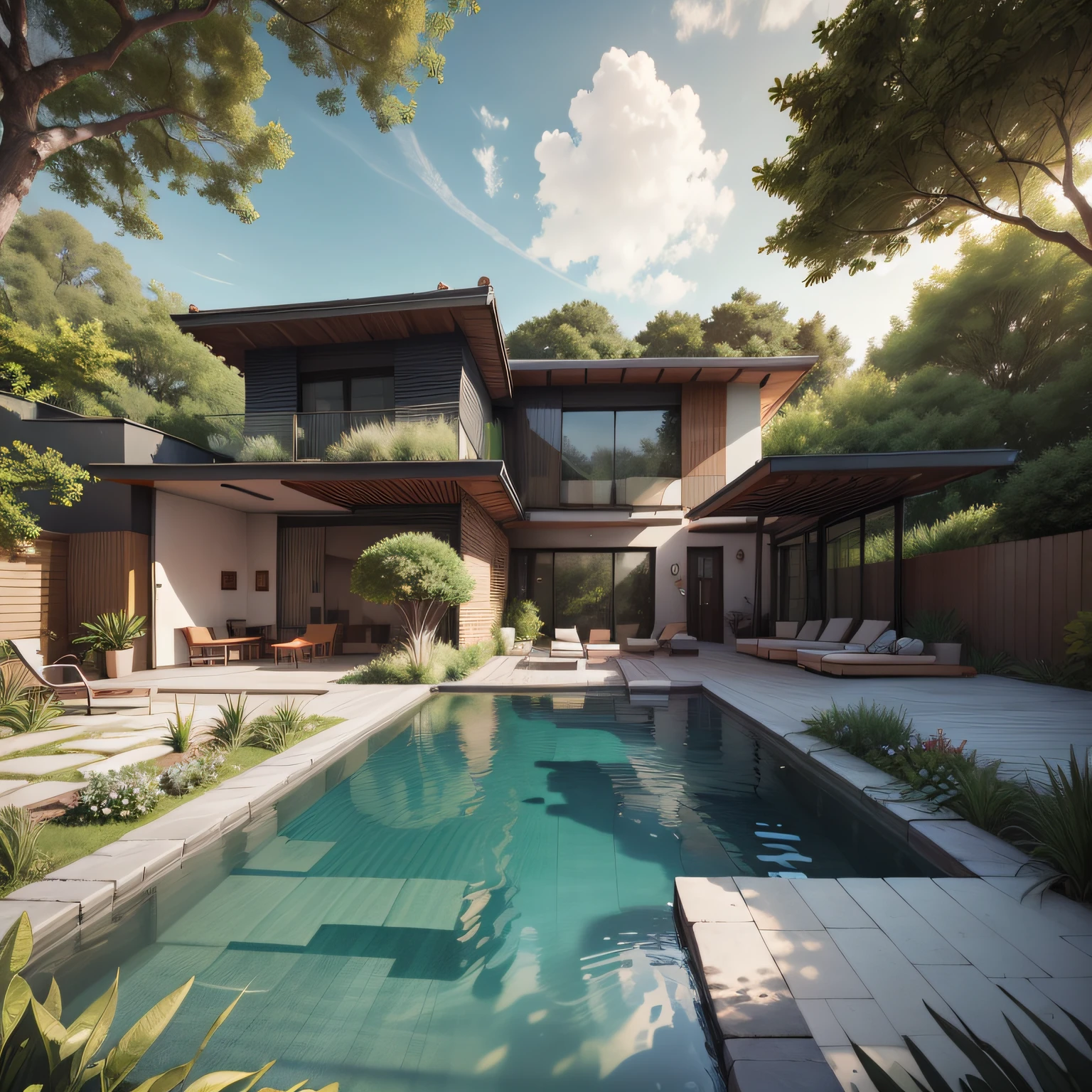 Organic modern architecture on a fairly large plot, There is a swimming pool in the middle of a large one-story house, cor da casa em vigas marrom chocolate e preto, large modern residence, telhados planos e jardim, render luxcore, render oktane, a photorealistic rendering, architectural render, mantra rendering, architectural render, realism rendering, architectural visualisation, piscina de bem-estar, architectural visualisation, grandes zonas verdes, com pequenas zonas de flores de lavanda, arbustos verdes tipo exuberante jardim verde, swimming pool embedded in an area of sand, oliveiras e pinheiros ao redor da casa,
