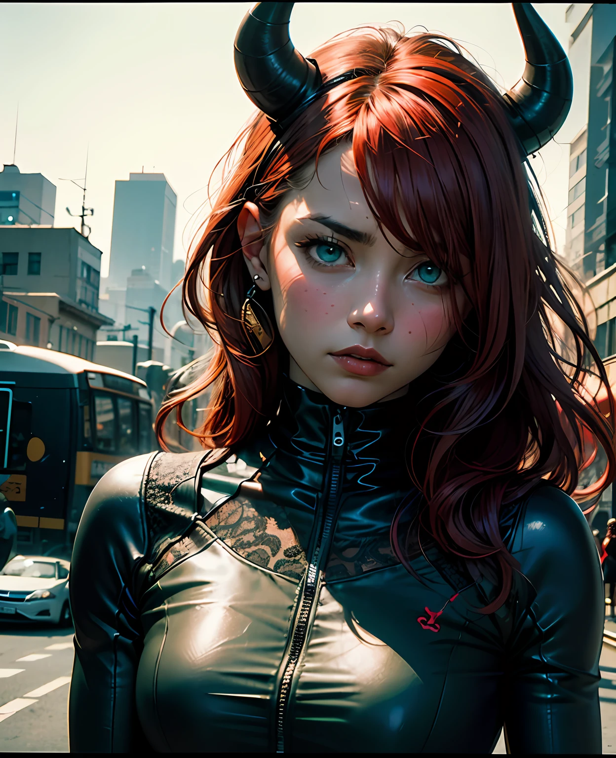 absurdres, highres, ultra detailed, (ultra-detailed background, detailed background), extremly detailed, 1girl, melancholy photo of a red haired demon young female with green eyes and black horns, lace catsuit, desaturated colour, inclement emotions, shot with a Ilford HP5, F/1. 8 :: screen print