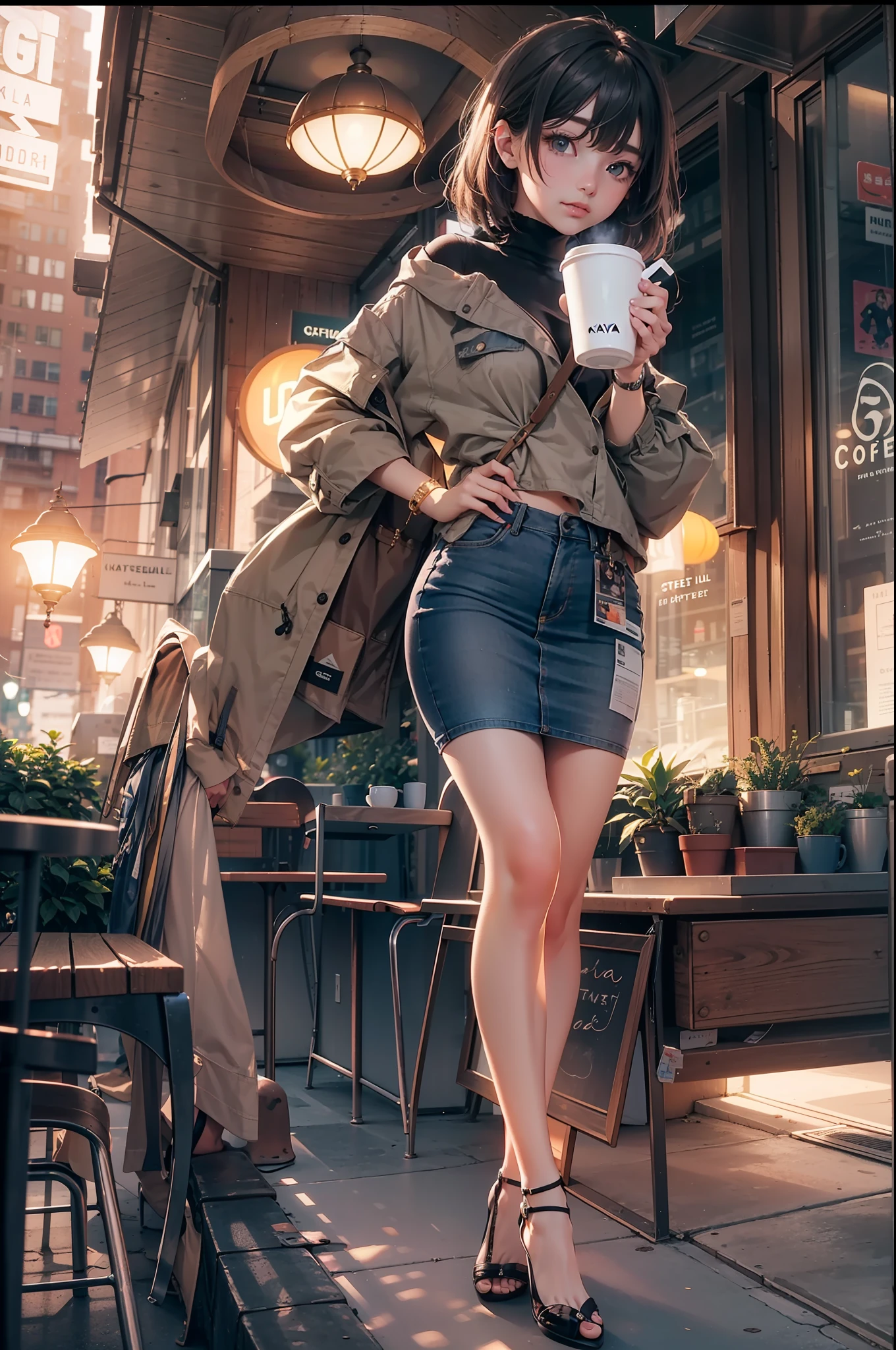 tmasterpiece,Best quality at best,highers,1girll,beauitful face,((best qualtiy)), ((tmasterpiece)), (A detailed:1.4),((full bodyesbian)),Enhanced dynamic perspective,(beautiful sexy girl,short detailed hair,Denim long skirt,Sitting in a street coffee shop,drinking a coffee),kawa,(Lunette de soleil),Come to me,Future sci-fi city street,Egg-shaped building,((Lateral face)),Street photography,Bright colors,nighttime scene,high qulity,super-fine,Detailed pubic hair,Accurate,Cinematic lighting,face_Focus,(Announcer),(NSFW)