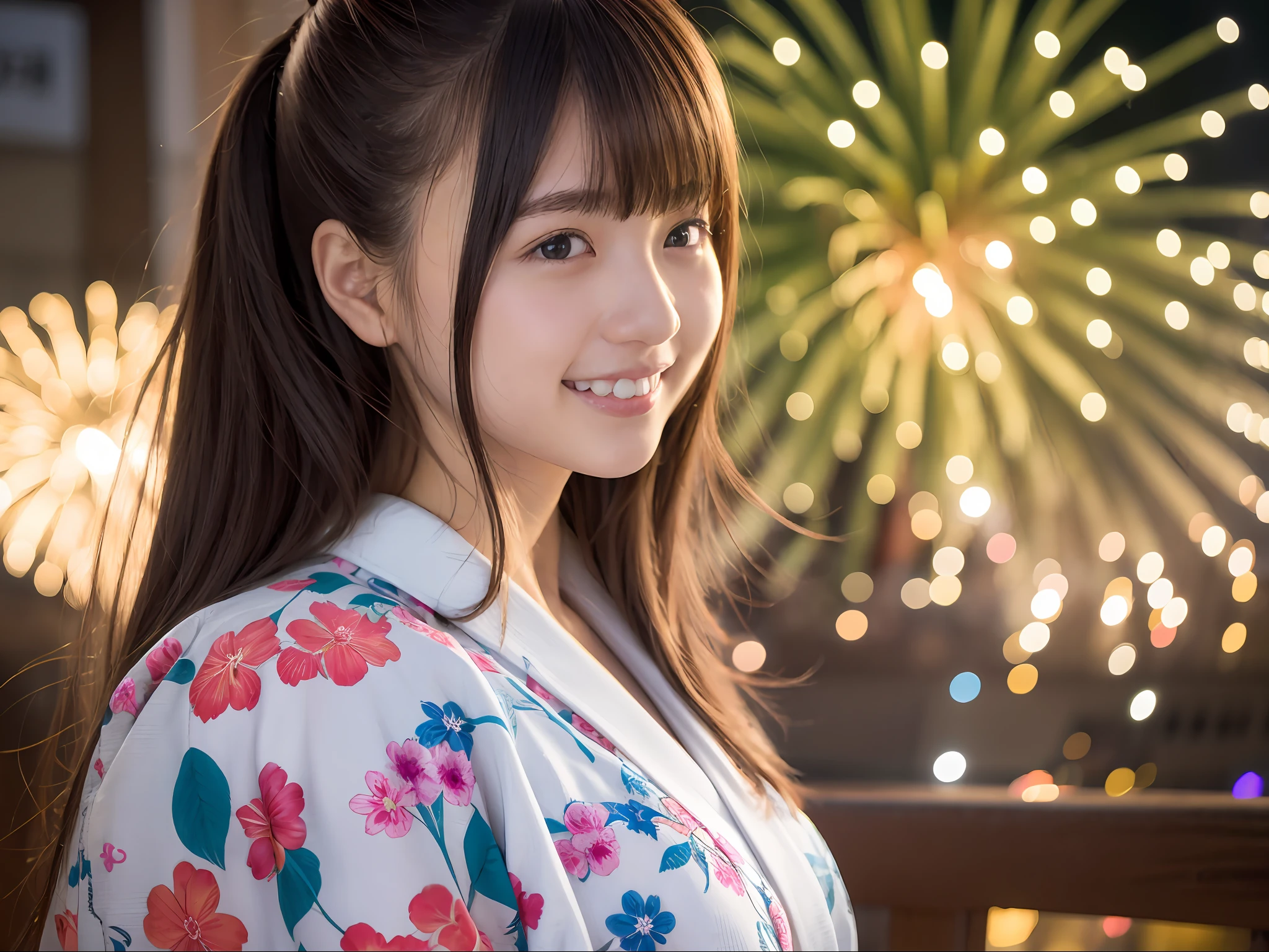 Wide shot of a beautiful 17-year-old woman wearing a yukata in the background of a mysterious fireworks display: 1.5, Unity 8k Wallpapers: 1.3, highly accurate: 1.1。As a stylish snapshot、17-year-old beauty smiling、Beauty 18 years old: 1.3、wide Shots: 1.2、bath robe: 1.1、Fireworks Display: 1.1。　A smile　realisitic、Live action、starrysky