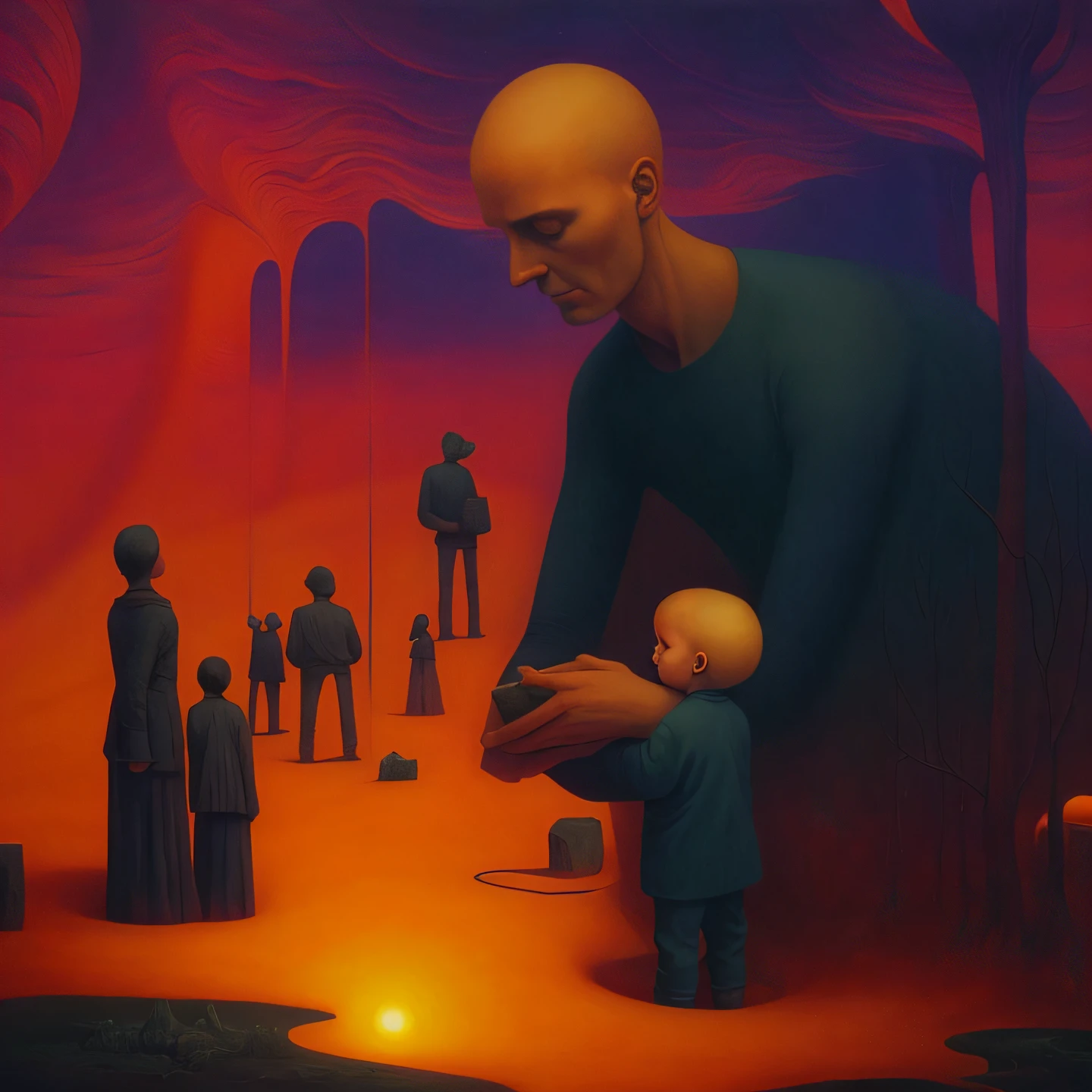 there is a painting of a man holding a baby in a field, surreal art, surreal scene, zdzislaw beksisnski, surreal illustration, surreal and fantasy art, neosurrealism. digital art, surreal digital art, surreal oil painting, inspired by Brian Despain, dark surreal art, emotional surrealist art, beksisnski, illusion surreal art