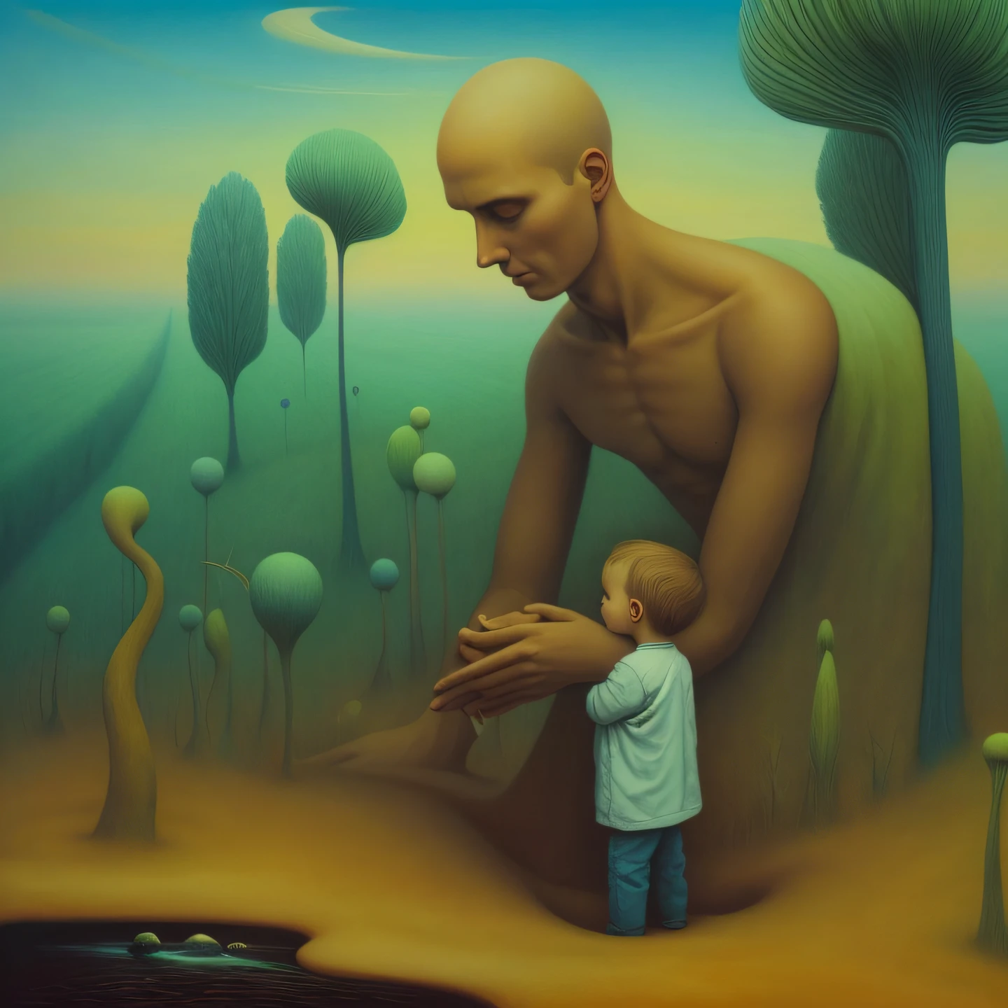 there is a painting of a man holding a in a field, surreal art, surreal scene, zdzislaw beksisnski, surreal illustration, surreal and fantasy art, neosurrealism. digital art, surreal digital art, surreal oil painting, inspired by Brian Despain, dark surreal art, emotional surrealist art, beksisnski, illusion surreal art