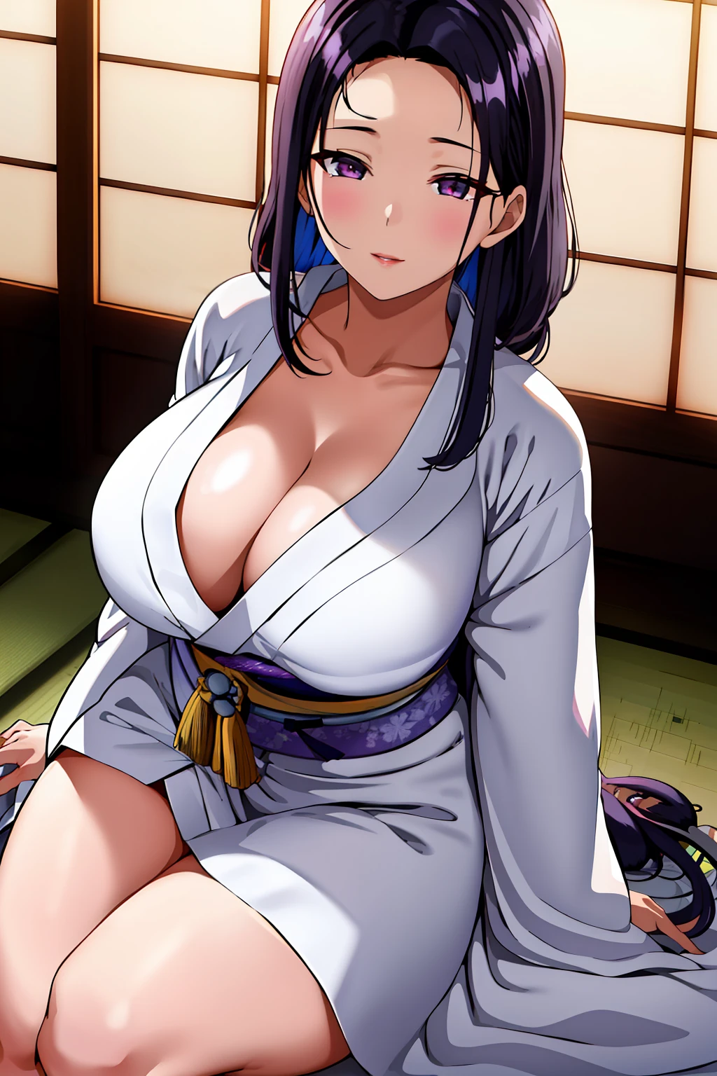 mid night、In a dimly lit room、jpn, TOKYOcty, CityView, In front of the window,hypnotism、mind control、NSFW、
Call attention、
(white_Kimono:1.3)、cleavage、
Black_hair、long_hair、hair_Pulled_Back、parted_Lips、Purple_Eyes、Grouping、
1 girl in、24 year old、a matural female、Beautiful Finger、beautiful long leg、Beautiful body、Beautiful nose、Beautiful character design、perfect eyes、face perfect、
looking at viewerer、In the center of the image、
NSFW、Official art、Highly detailed CG Unity 8k wallpaper、colourfull、
(masterpiece:1.0)、(best_quality:1.0)、超A high resolution、4K、The ultra-detailliert、
Photo Shot、8K、nffsw、hight resolution、absurderes:1.2、Kodak Portra 400、film grains、blurry backround、bokeh dof:1.2、lensflare、(Vibrant_Color:1.2)
(Beautiful fece,Large_breasts:1.4), (Beautiful_Face:1.5),(narrow_waist),