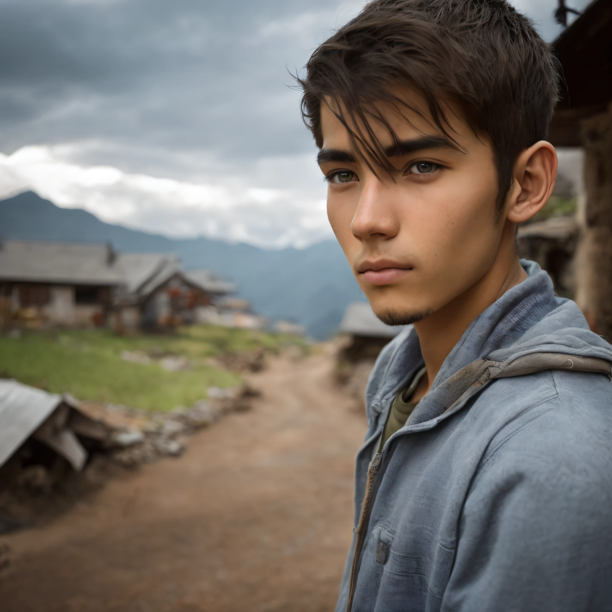 portrait, 25 year old boy, light eyes, in a village with mountains,
ultra definition, --auto