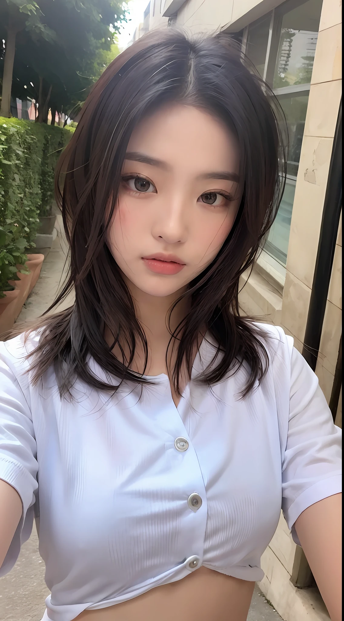 ((Best Quality, 8K, Masterpiece: 1.3)), Sharp: 1.2, Perfect Body Beauty: 1.4, Slim Abs: 1.2, ((Layered Hairstyle, :1.2)), (White Button Short Sleeve Shirt: 1.1), (Street: 1.2), Wet: 1.5, Highly detailed face and skin texture, Fine eyes, double eyelids, looking at the camera