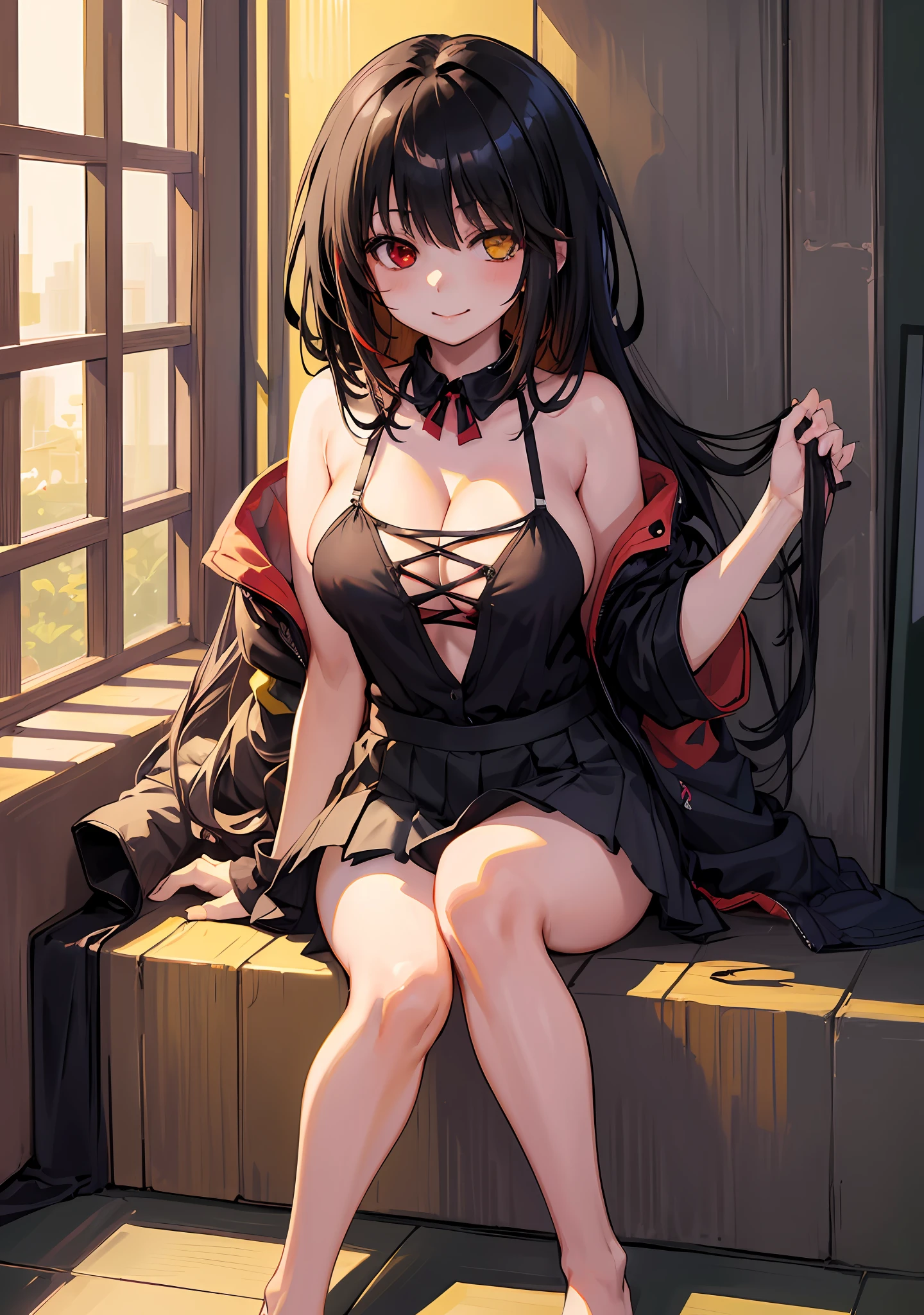 Masterpiece, high quality, 1girl, ((tokisaki kurumi)), monochrome, black hair, sport bra, mini skirt, ((right red eye:1, left yellow eye))), smile, kawaii, sitting, beautiful body, kawaii face, looking at viewer, big boobs