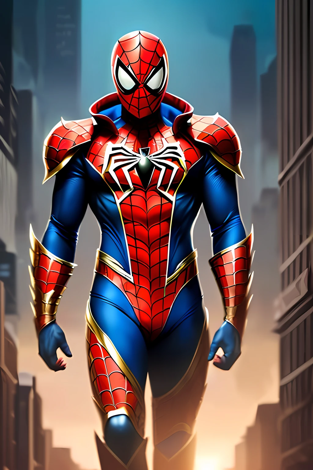 full body shot of spiderman in white and gold armour style suit, no mask on, white cape, looking at center camera, perfect composition, beautiful detailed intricate insanely detailed octane render trending on artstation, 8 k artistic photography, photorealistic concept art, soft natural volumetric cinematic perfect light, chiaroscuro, award - winning photograph, masterpiece, oil on canvas, raphael, caravaggio, greg rutkowski, beeple, beksinski, giger, trending on artstation, sharp focus, studio photo, intricate details, highly detailed, night city background, by greg rutkowski