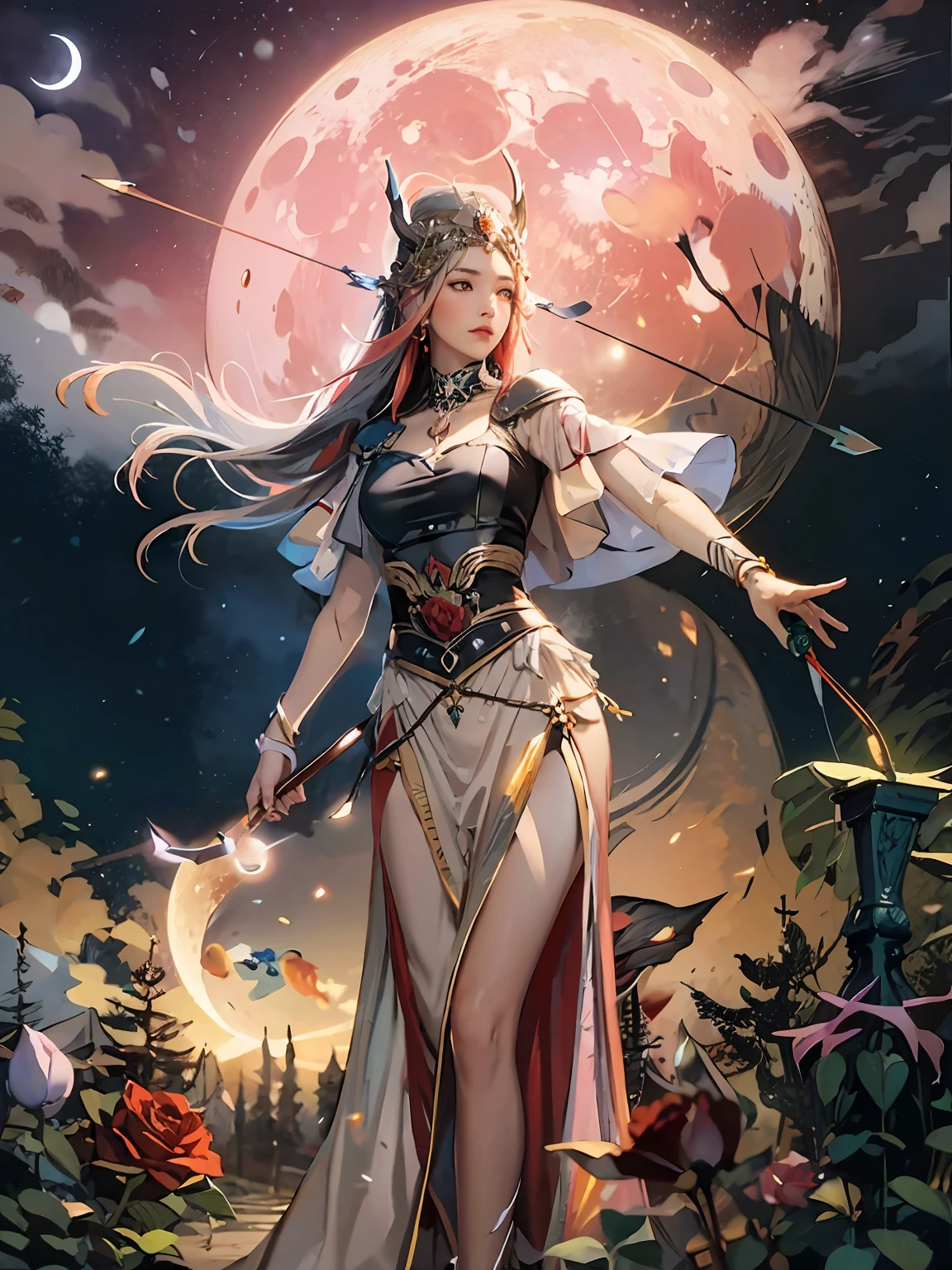 themoon，Goddess of the Hunt，bow and arrows， the night，Huge Moon，divinity， Cold， merciless， Rose garden， Sanctuary