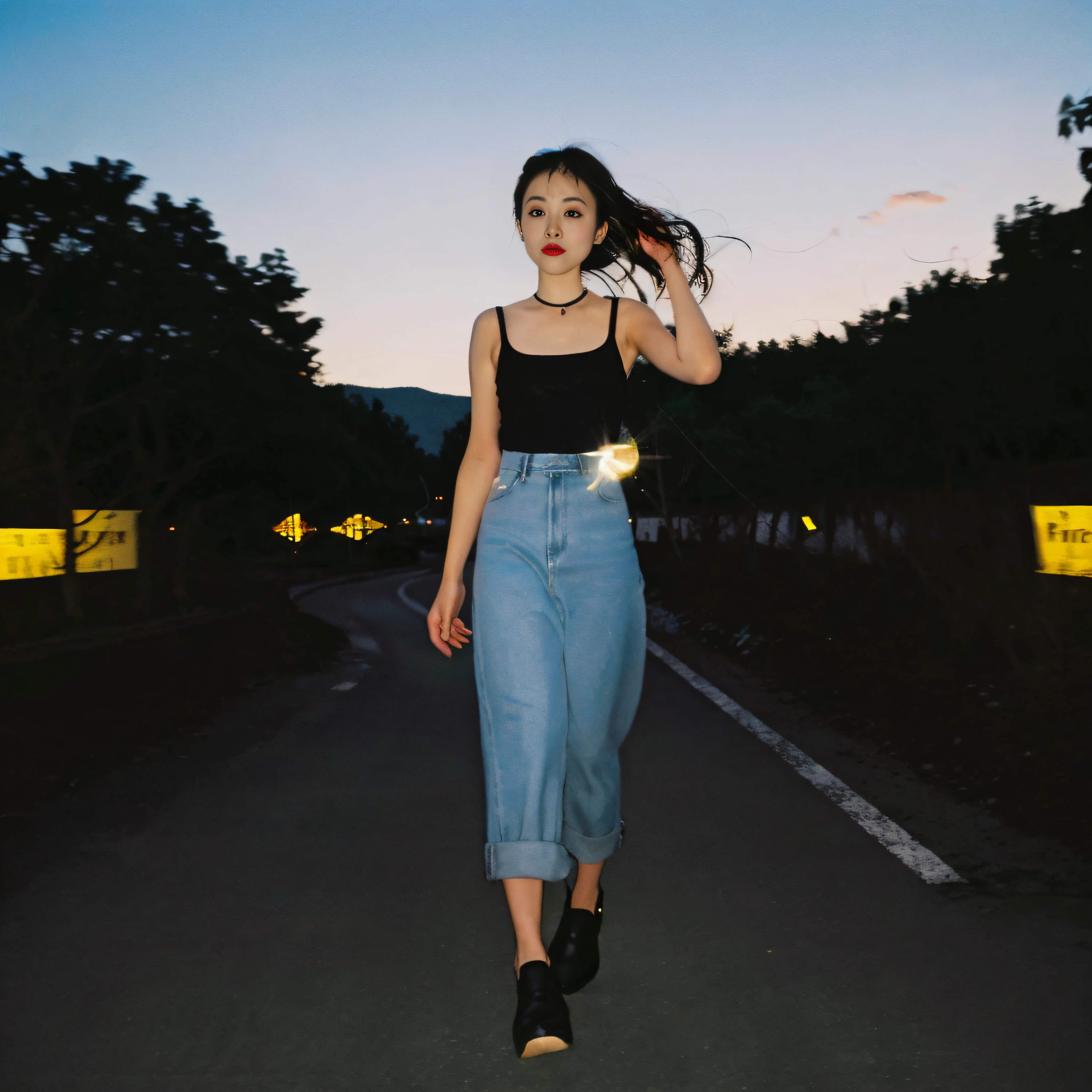 90s flash photo, empty road, Beautiful girl, full body,