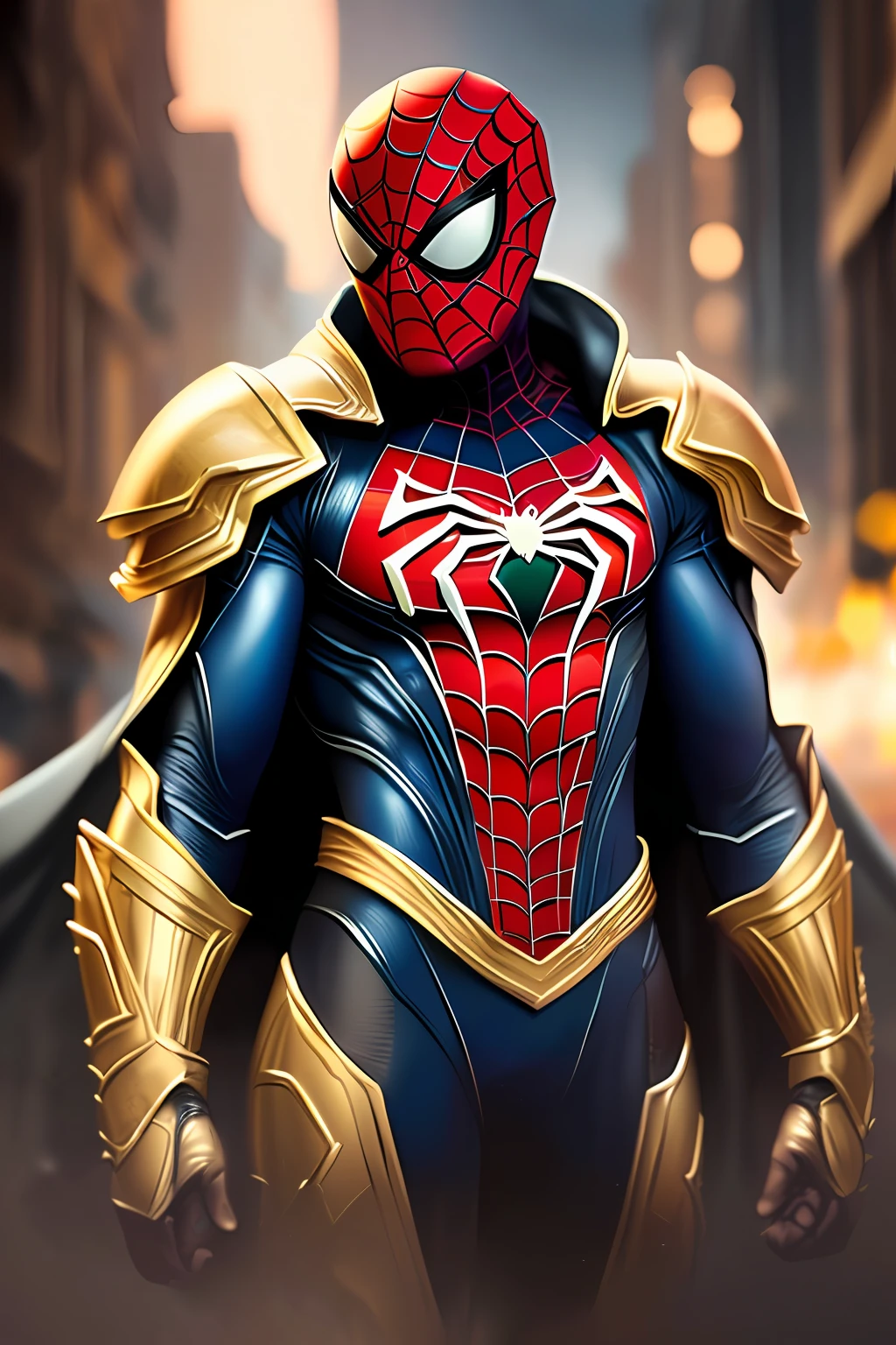 full body shot of spiderman in white and gold armour style suit, no mask on, white cape, looking at center camera, perfect composition, beautiful detailed intricate insanely detailed octane render trending on artstation, 8 k artistic photography, photorealistic concept art, soft natural volumetric cinematic perfect light, chiaroscuro, award - winning photograph, masterpiece, oil on canvas, raphael, caravaggio, greg rutkowski, beeple, beksinski, giger, trending on artstation, sharp focus, studio photo, intricate details, highly detailed, night city background, by greg rutkowski