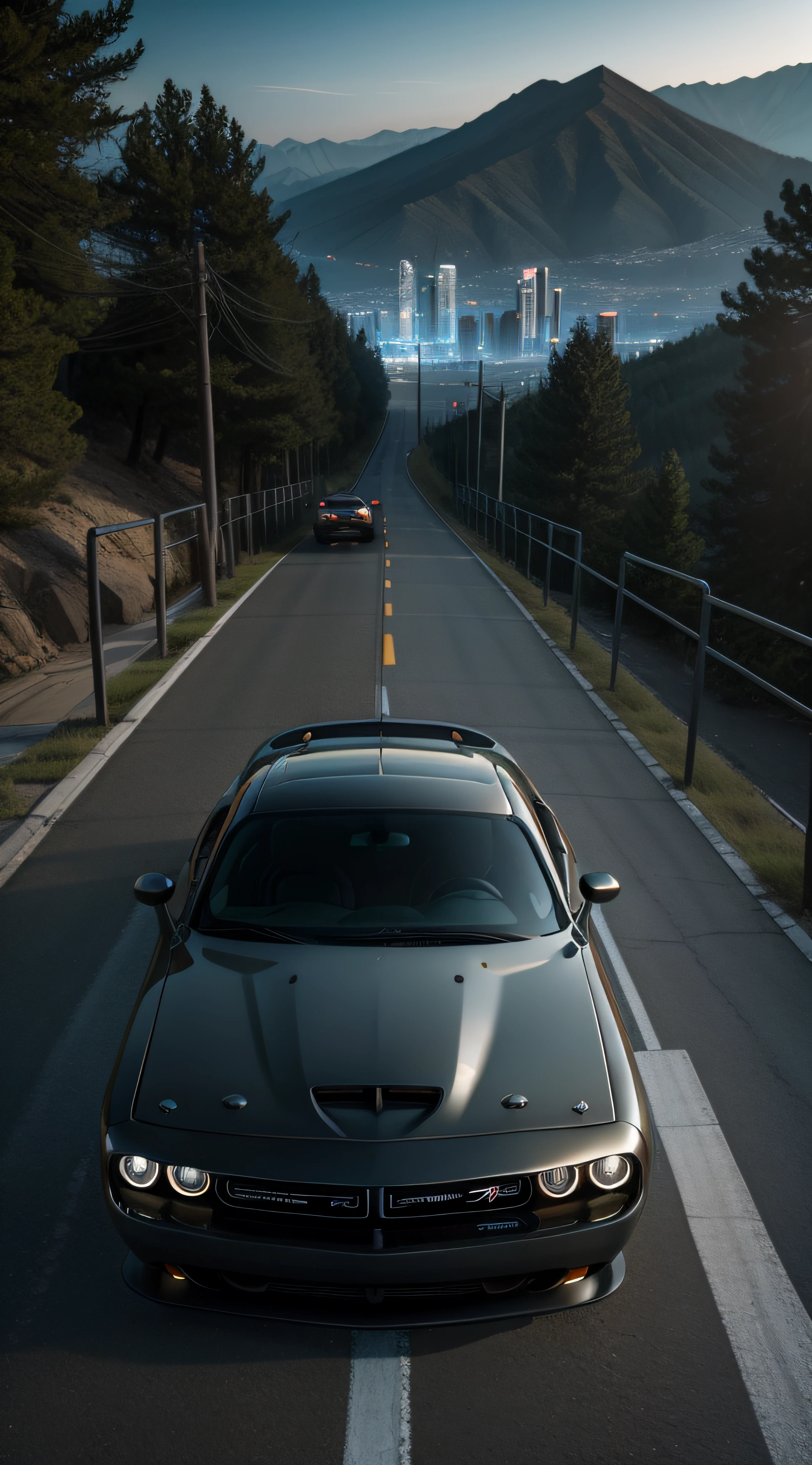 dodge challenger in a cyber punk landscape