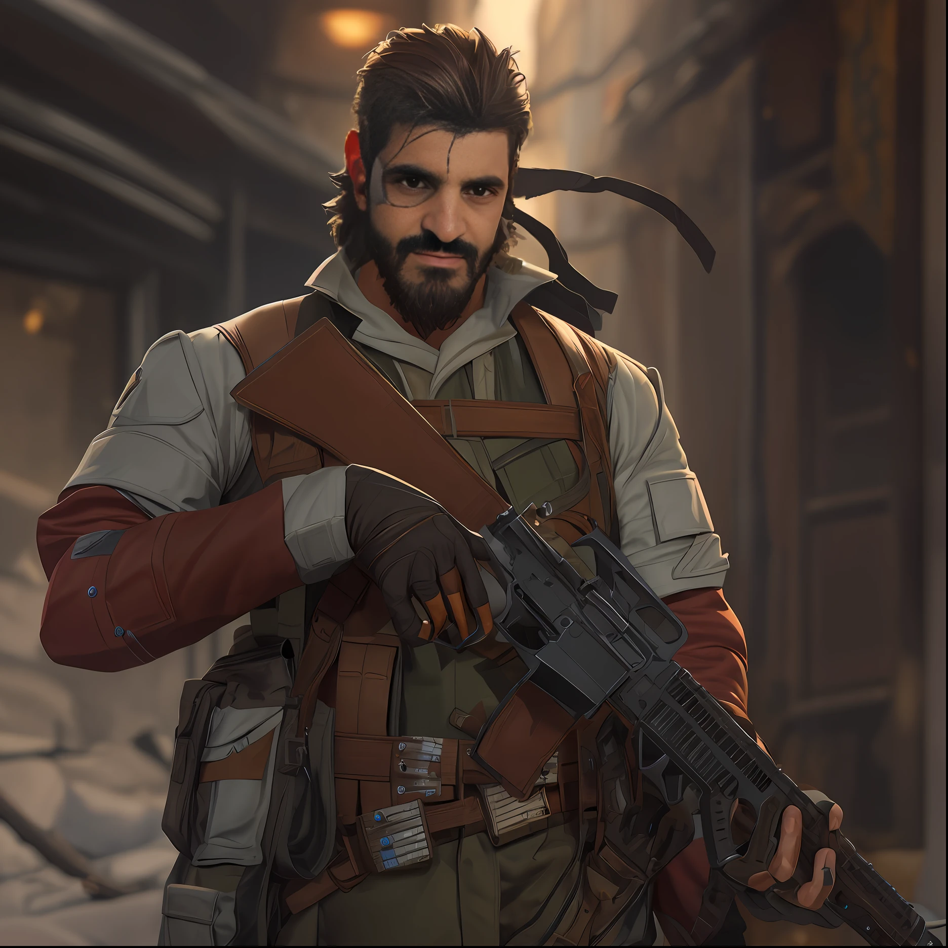 Personagem Gear segurando uma arma em um quarto escuro, ( Engrenagens de guerra ), Engrenagens de guerra, Unreal5, menacingly, cara de armas pesadas, arte da capa de Engrenagens de guerra