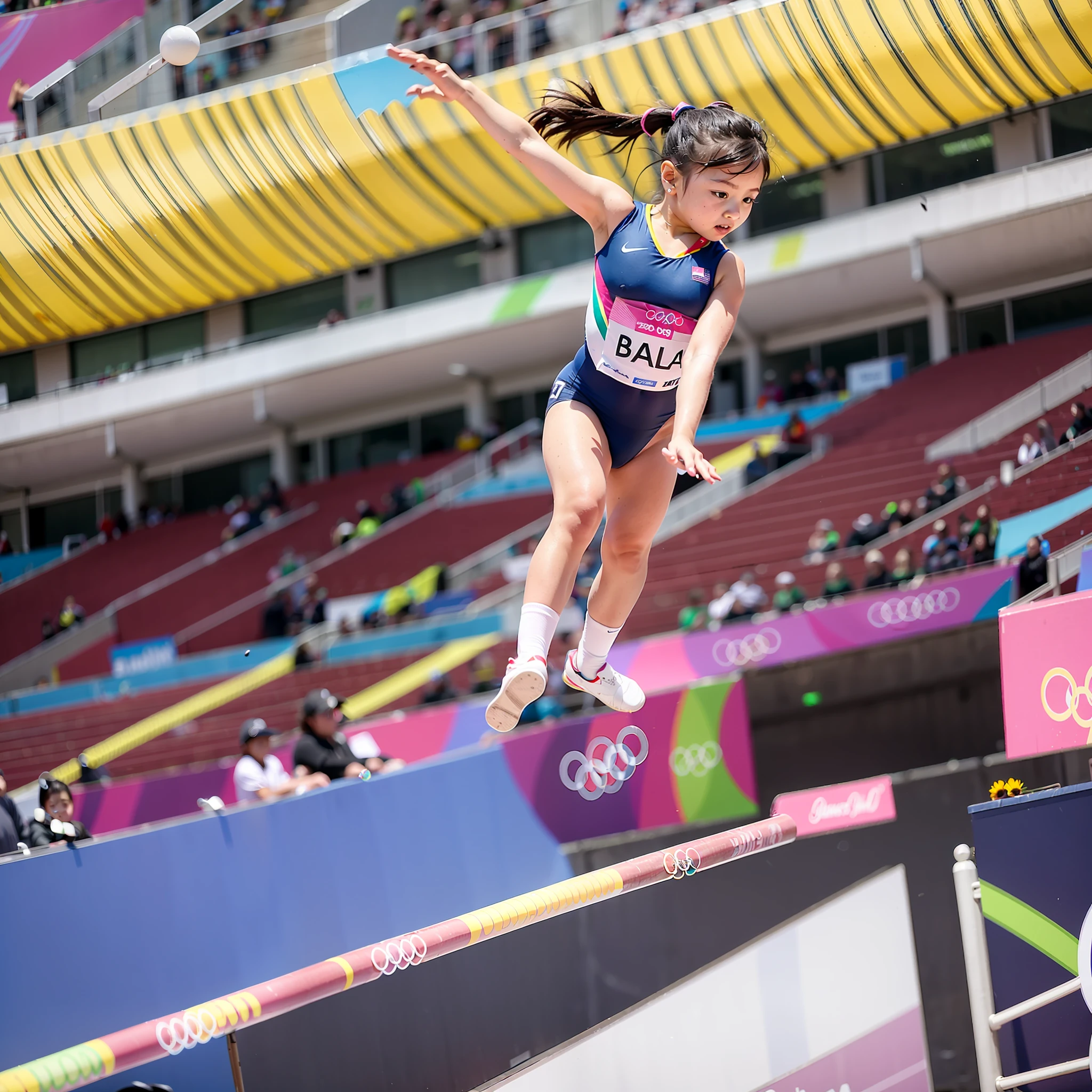 At the Olympics，Little girl participating in a balance beam competition