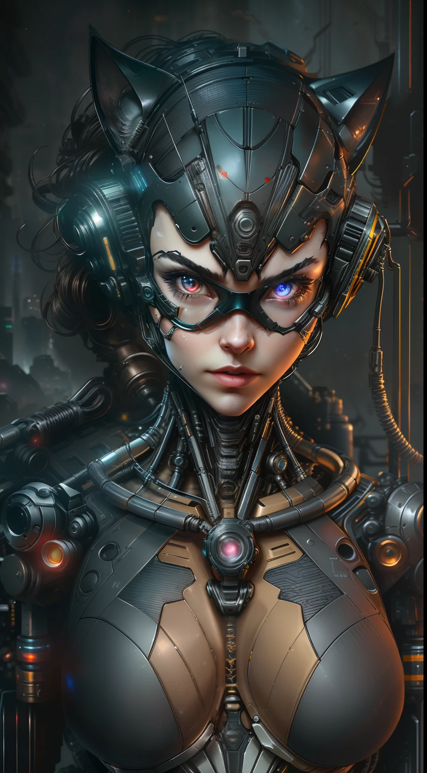 Catwoman from DC photography, biomechanical, complex robot, Tech-goggles, full growth, hyper-realistic, insane small details, extremely clean lines, cyberpunk aesthetic, masterpiece featured on Zbrush Central