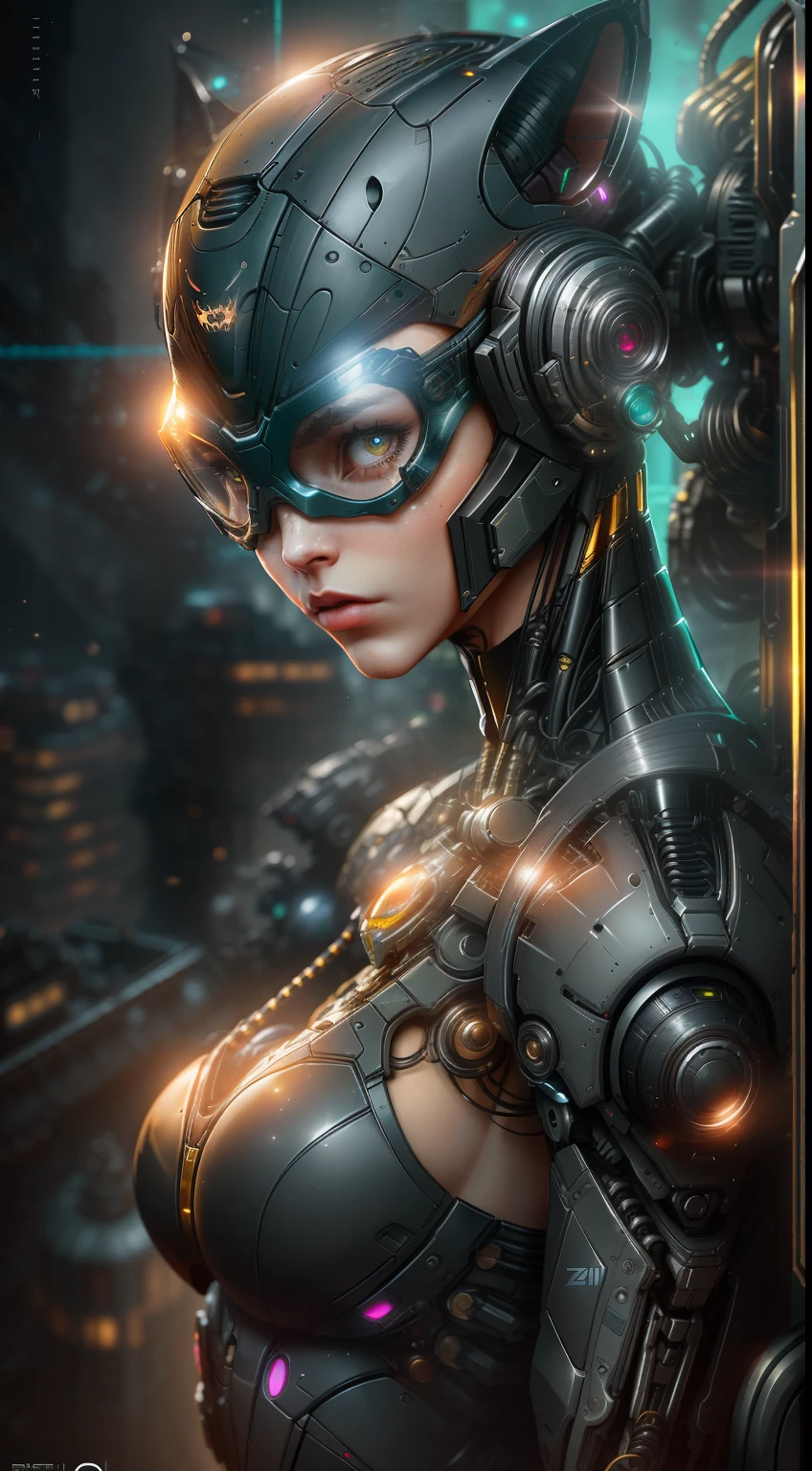 Catwoman from DC photography, biomechanical, complex robot, Tech-goggles, full growth, hyper-realistic, insane small details, extremely clean lines, cyberpunk aesthetic, masterpiece featured on Zbrush Central