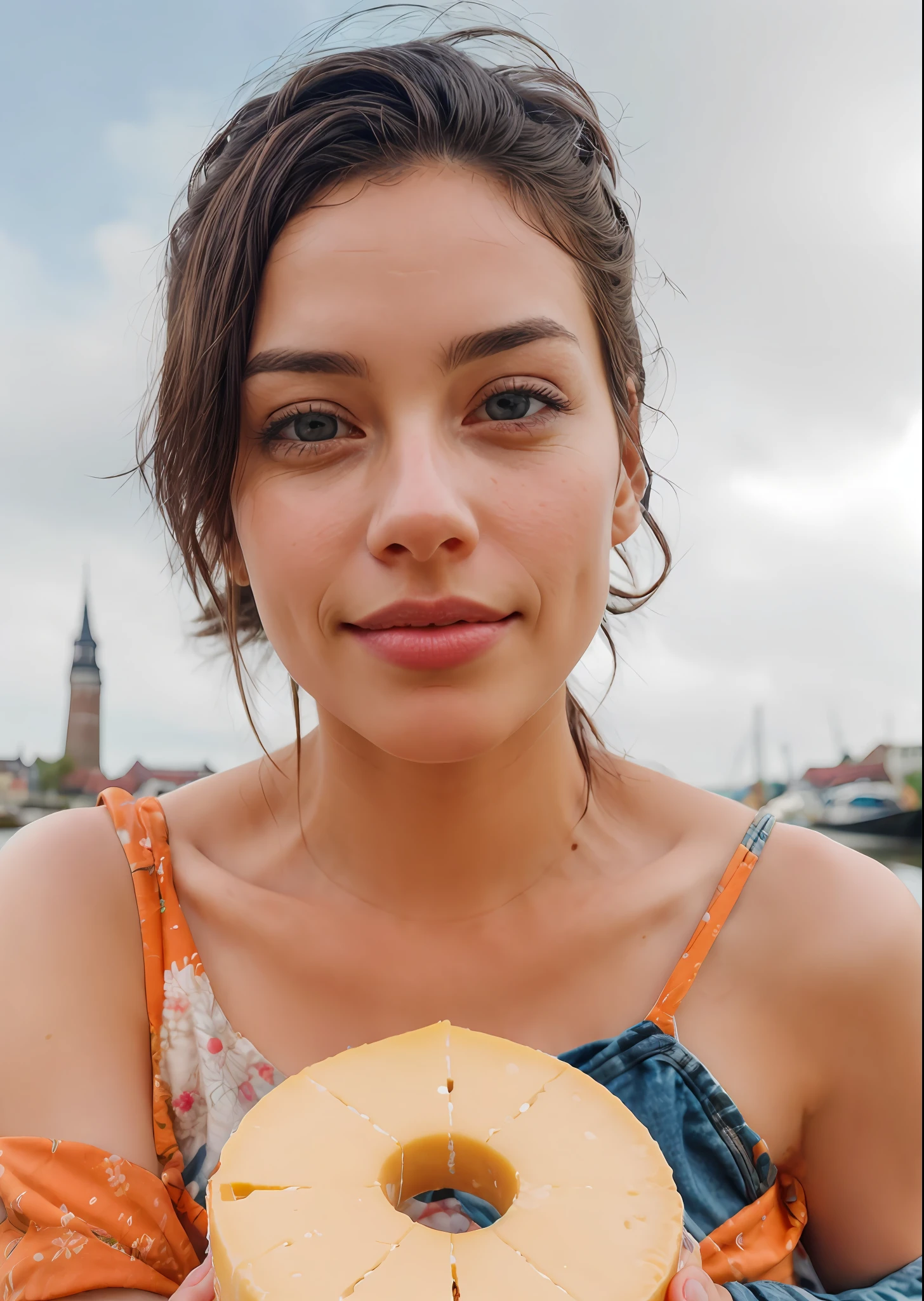 raw closeup of a stunningly beautiful woman, by the canals of holland, shops selling gouda cheese, RAW, 8K, UHD, natural lighting, perfect day, amateur, candid, extreme close up,