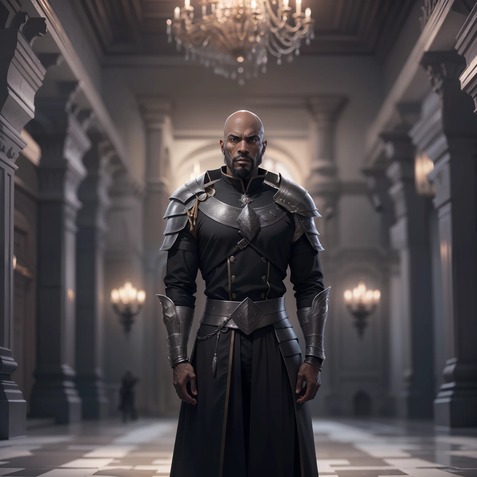 realistic image of a black and bald man, tall and strong, with a concentrated expression, dressed in black rpg warrior attire and with silver shoulder pads, standing in a palace hall